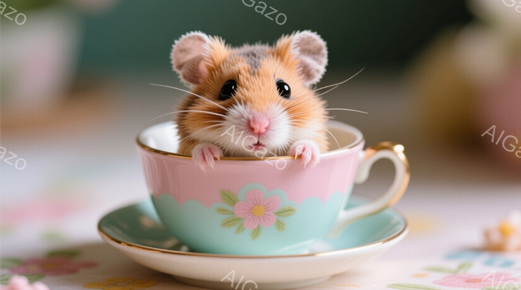 小さなハムスターが、淡いピンクと水色の花模様が描かれたティーカップの中に座っています。ハムスターは好奇心いっぱいの表情で、小さな前足をカップの縁につけてこちらを見ています。背景には花柄のテーブルクロス - AI生成フリー素材