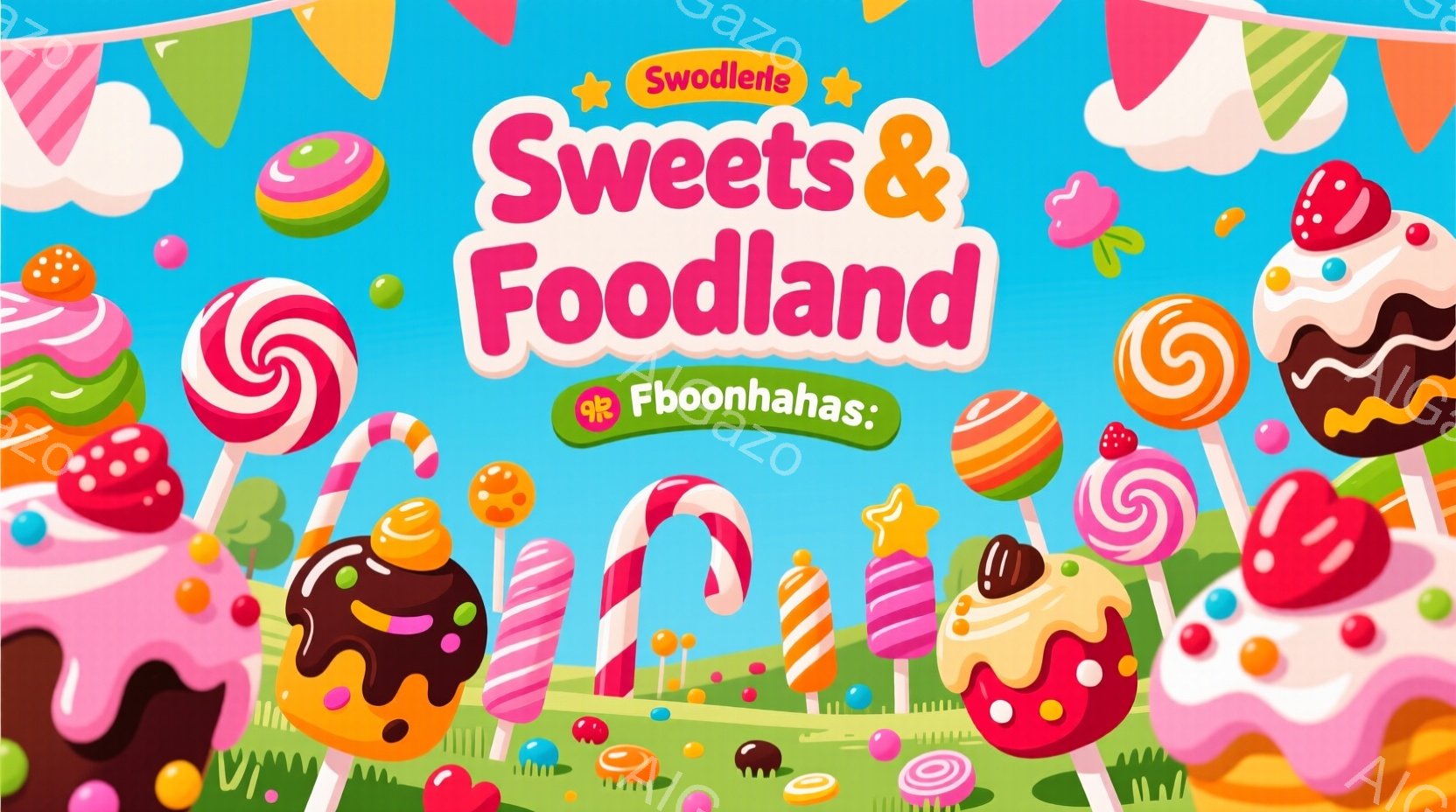 カラフルなキャンディやチョコレートが、緑の草原の上に立ち並んでいます。空は明るいピンク色で、キャンディの丘や棒付きキャンディの木が点在し、まるで夢のようなお菓子の国です。全体的に楽しくて甘い雰囲気が漂っており、子供たちの想像力を掻き立てるようなイラストレーションです。