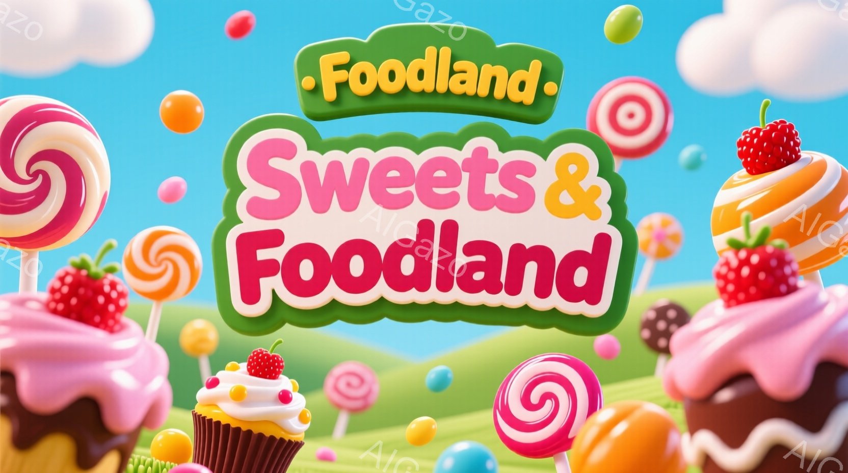 鮮やかなピンク、茶色、緑色のキャンディやカップケーキが、緑の芝生の上に並んでいる楽しげな光景です。背景は明るい水色の空で、まるでキャンディランドのような甘くて夢幻的な雰囲気を醸し出しています。全体的に - AI生成フリー素材