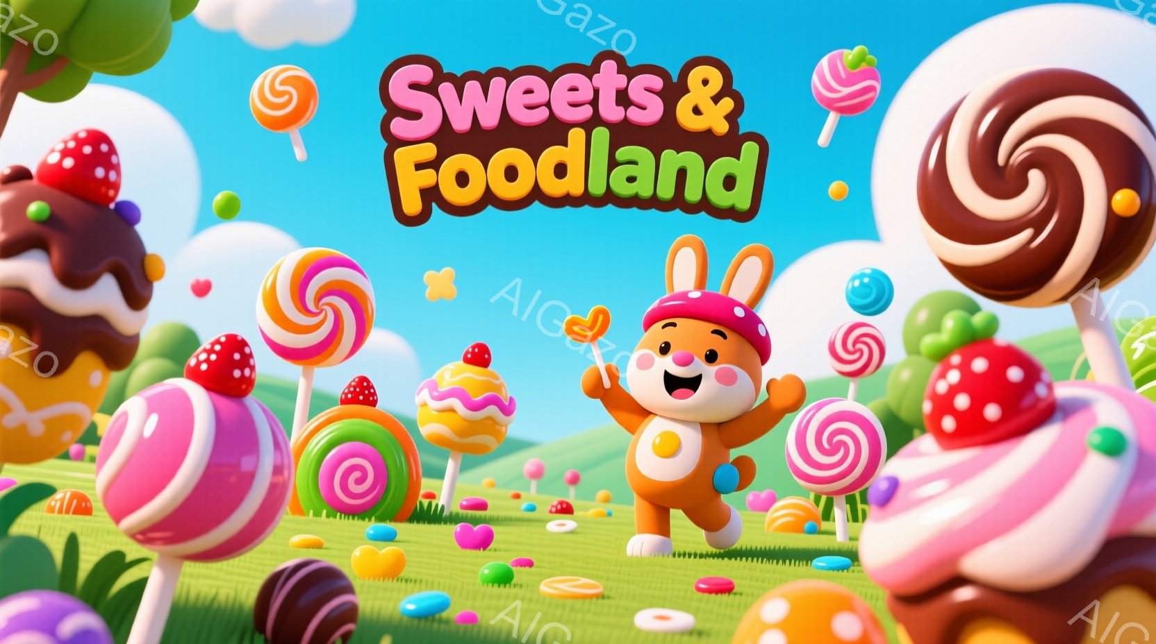 鮮やかなキャンディランドを背景に、オレンジ色のオーバーオールを着たウサギのキャラクターが両手を上げて喜んでいます。ウサギは、ピンクとオレンジの縞模様の帽子と、丸い耳を持っています。背景には巨大なキャンディやカラフルなゼリービーンズが散らばり、お祭りや遊園地のような楽しい雰囲気です。