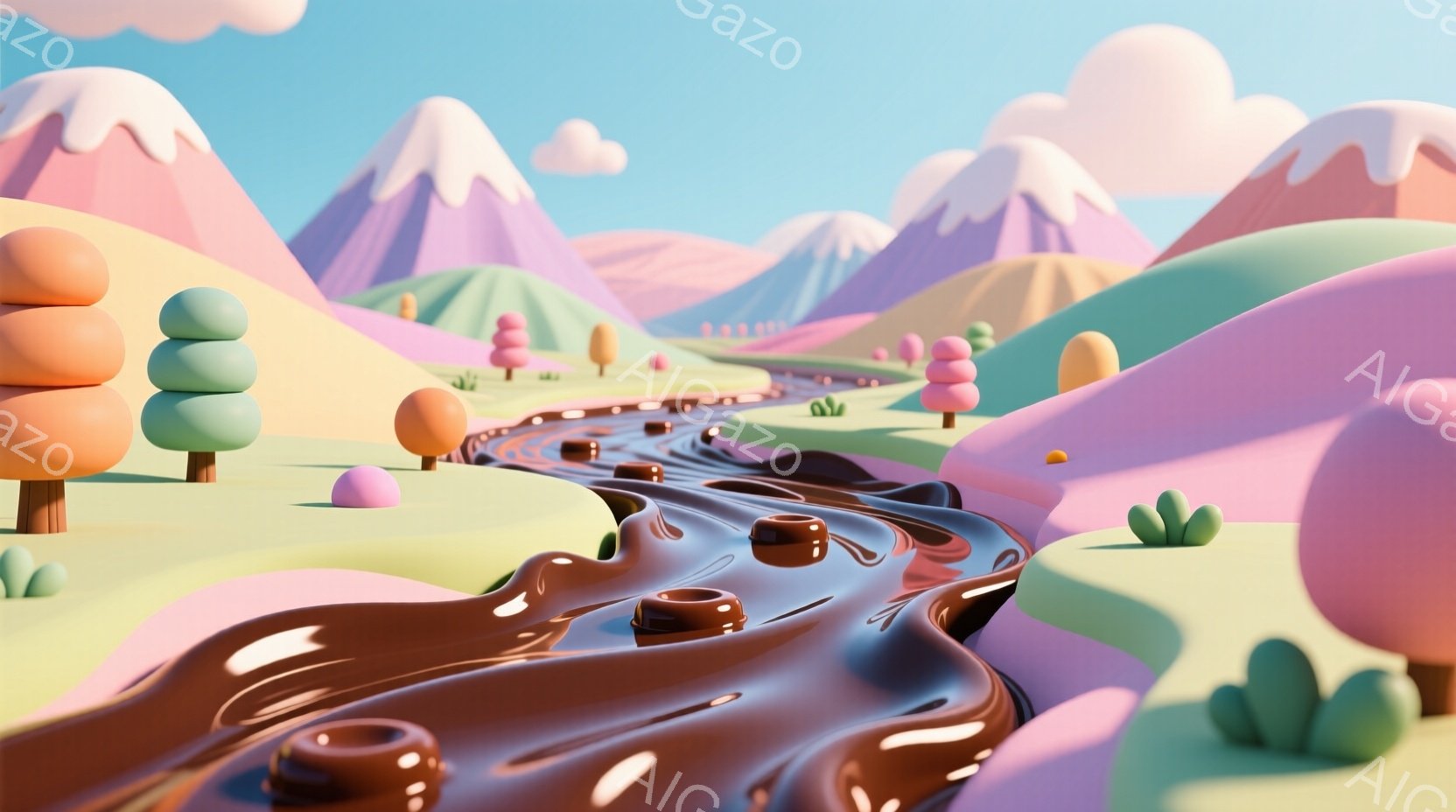 滑らかなチョコレートの川が、パステルカラーの丘陵地帯を流れています。背景には、ピンクや紫色の山々が連なり、オレンジ色の木々や緑色の茂みが点在する、夢のような風景が広がっています。全体的に、明るく、楽し - AI生成フリー素材