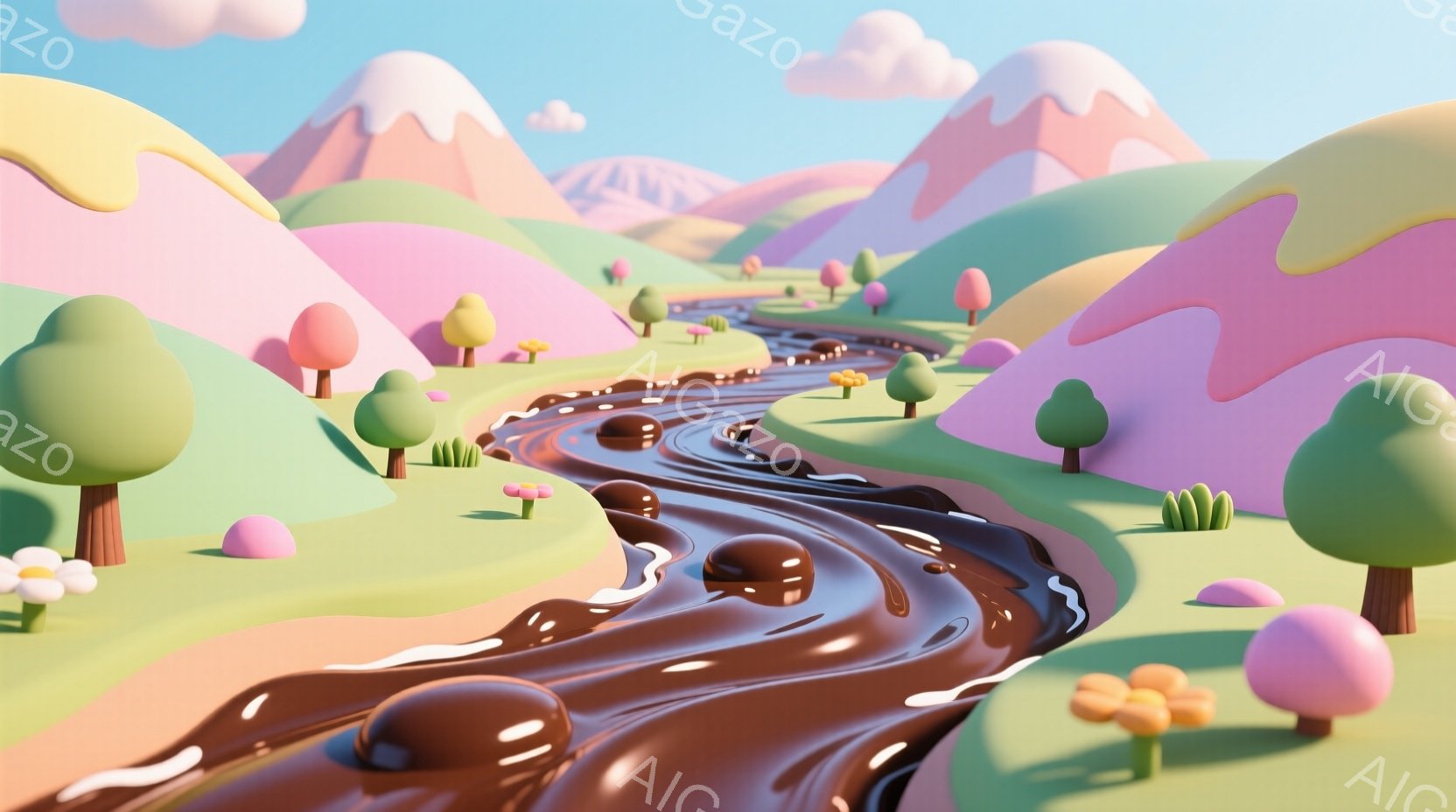 鮮やかな緑色の草原が広がり、チョコレートのような流れがくねくねと蛇行している風景です。背景には、パステルピンクと紫色の丸みを帯びた山々が連なり、空は明るい水色で、綿菓子のような雲が浮かんでいます。全体的に、お菓子のような甘くて夢幻的な雰囲気を感じさせます。
