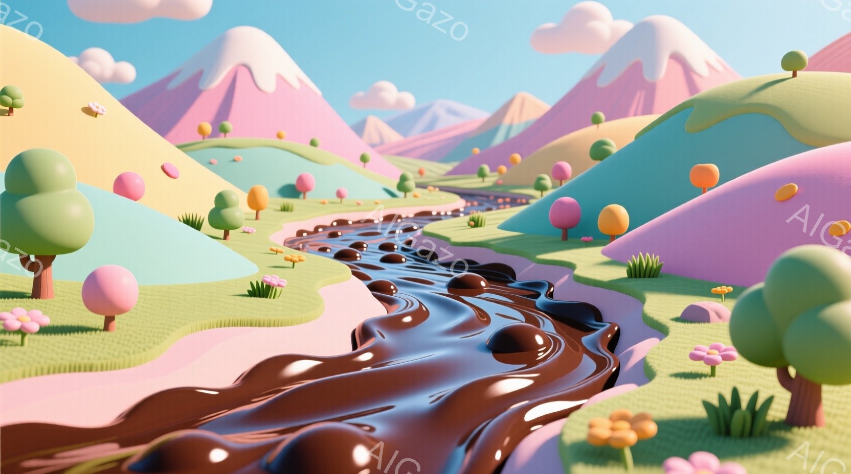 鮮やかなパステルカラーの風景が広がっており、チョコレートのような流れが谷間を蛇行しているのが特徴的です。丘や山はピンクや緑、水色などで彩られ、可愛らしい丸い木々や花々が点在しています。全体的に夢のよう - AI生成フリー素材