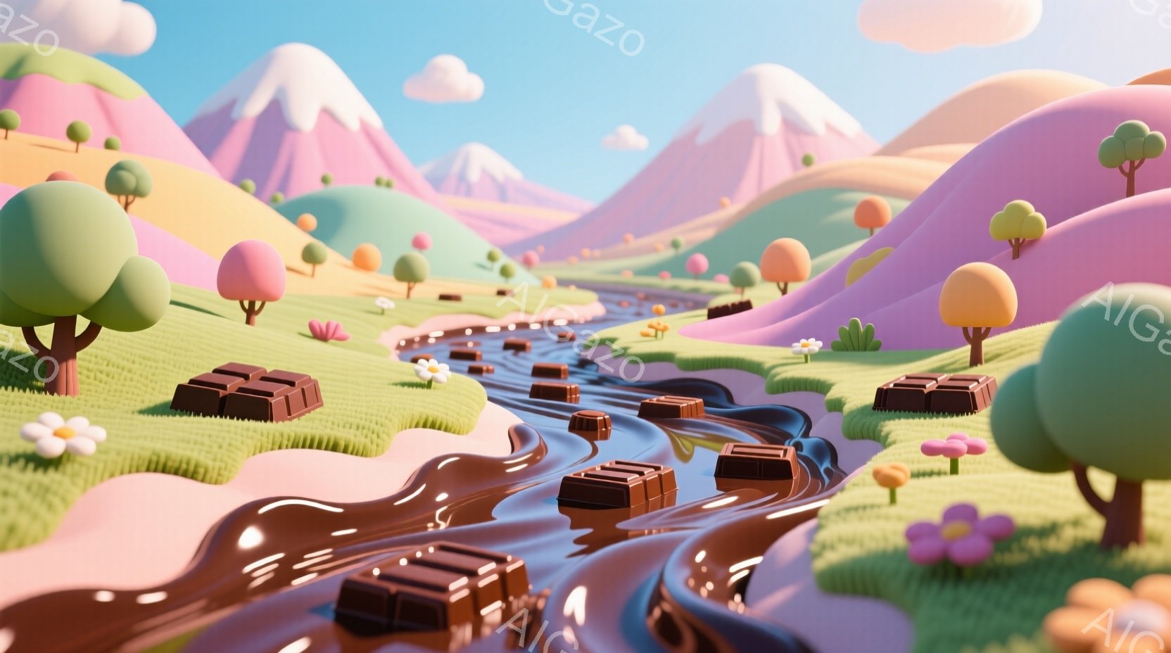 鮮やかなピンク色の丘陵地帯を、チョコレートが流れる小川が流れています。カラフルなキャンディーのような木々や花々が点在し、背景には雪を抱いた山々が穏やかにそびえ立っています。全体的に、お菓子のような夢の - AI生成フリー素材