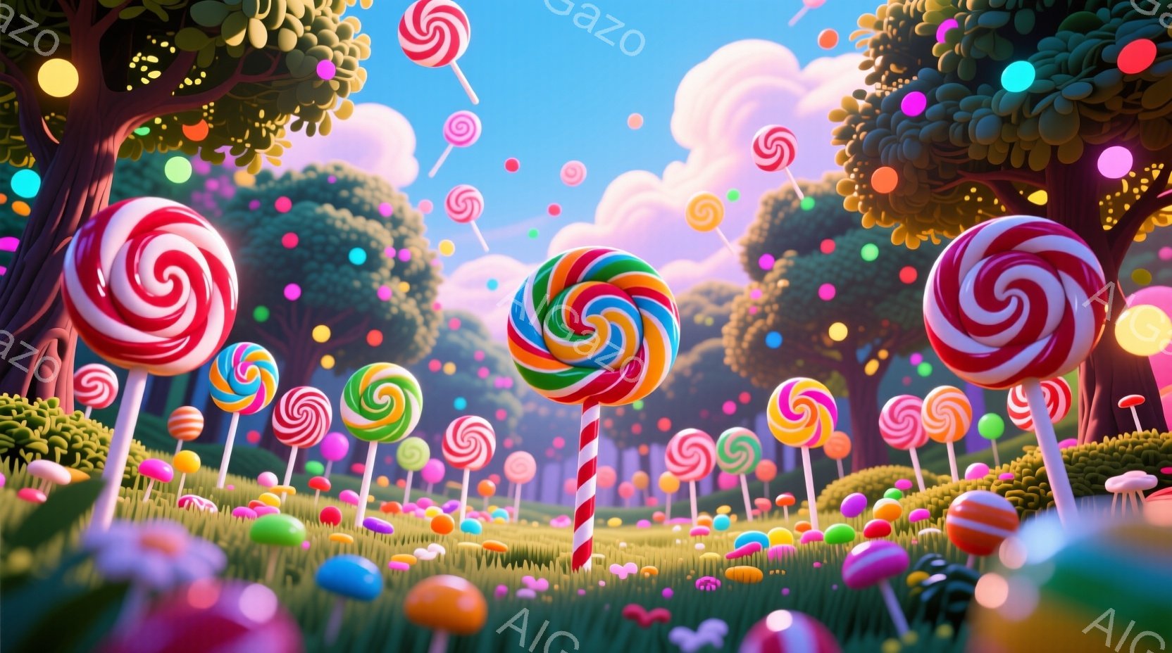 カラフルなキャンディが咲き乱れる幻想的な風景が広がっています。背景には、丸い形をしたカラフルな実をつけた木々が立ち並び、柔らかいピンク色の雲が浮かぶ空が広がっています。地面には、様々な色のキノコが生え - AI生成フリー素材