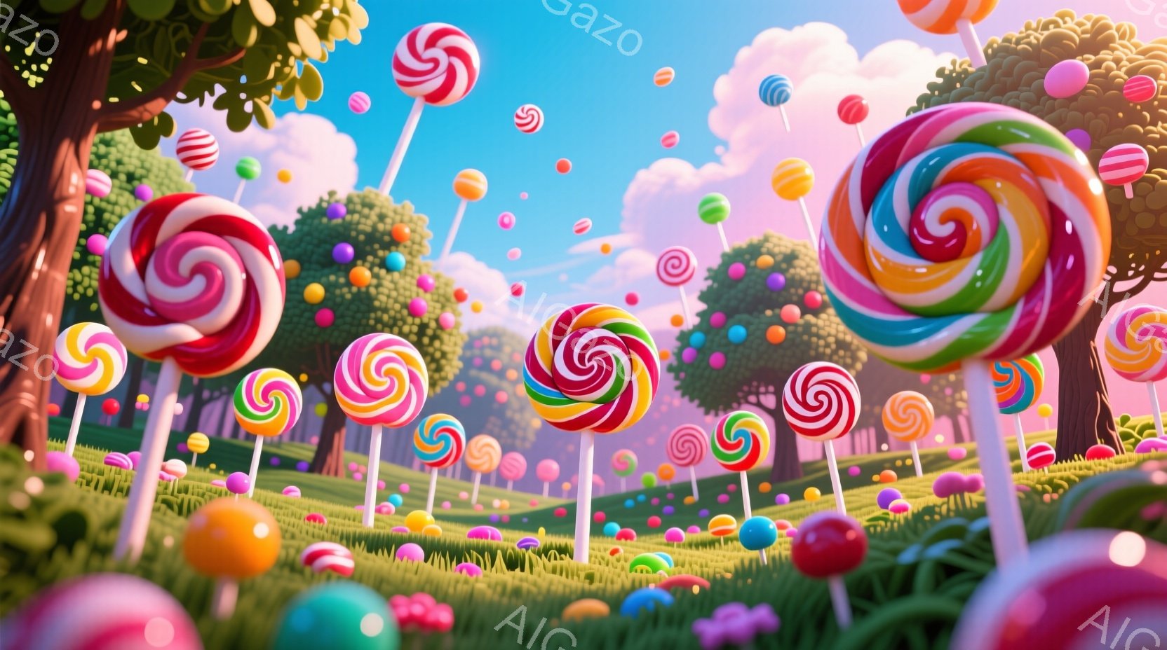 広大な草原に、巨大なキャンディが自生するように生えています。カラフルなキャンディは渦巻き模様で、赤、青、緑、黄色など様々な色合いを見せ、背景には丸い樹木が生い茂り、まるで夢のようなお菓子の国です。空は明るい青色で、柔らかな光が降り注ぎ、全体的に幻想的で楽しい雰囲気を醸し出しています。