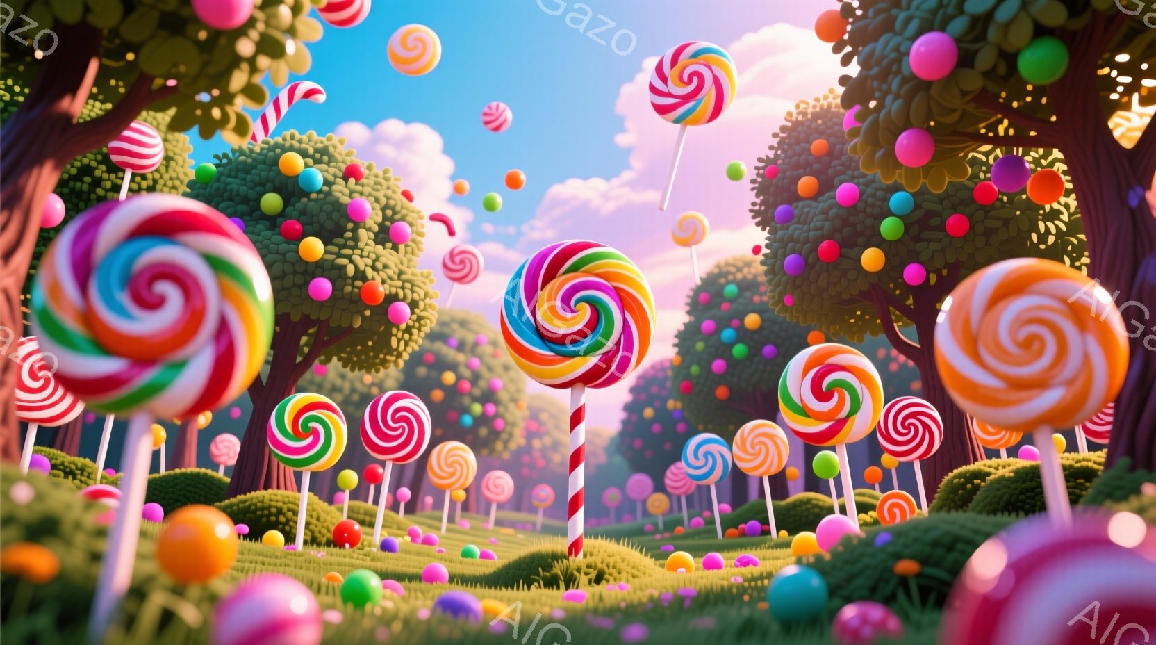 広大な草原にカラフルなキャンディが並び、まるで夢のような風景が広がっています。キャンディは様々な色と渦巻き模様で、まるで木のように地面に根を張っています。背景には、キャンディで覆われた丸い木々と、柔ら - AI生成フリー素材