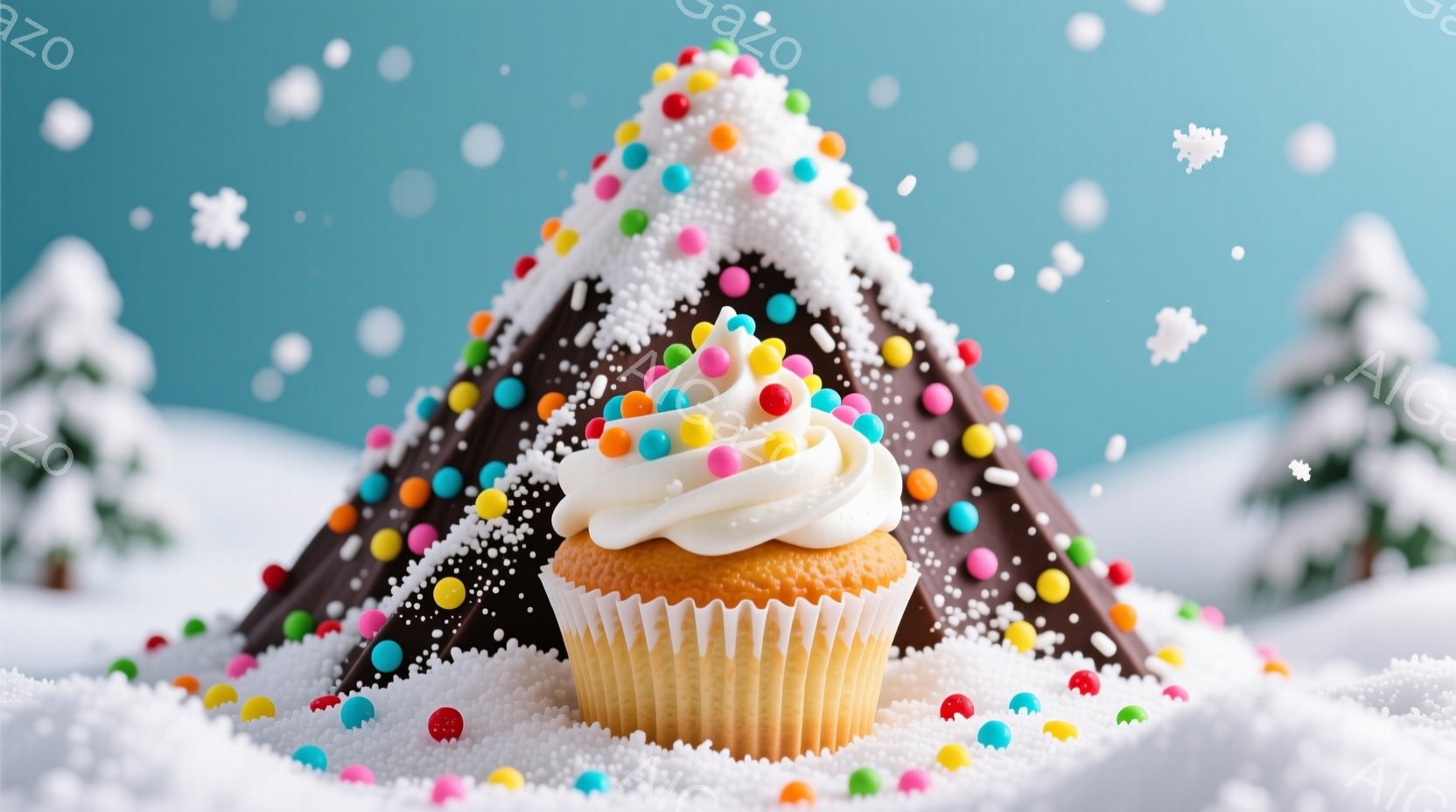 雪が降る背景に、チョコレートで覆われた三角形のケーキと、クリームとカラフルなスプリンクルをトッピングしたカップケーキが置かれています。ケーキとカップケーキは、白い砂糖で覆われており、まるで雪景色の中に - AI生成フリー素材