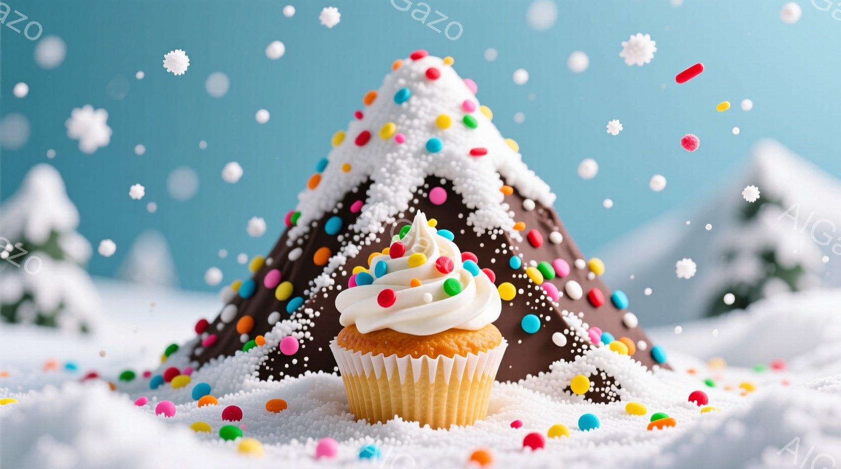 チョコレート色の山に色とりどりのスプリンクルが散りばめられ、雪景色の中に置かれています。その手前には、クリームとスプリンクルで飾られたカップケーキが置かれており、雪の積もった地面にはカラフルな粒々が散 - AI生成フリー素材
