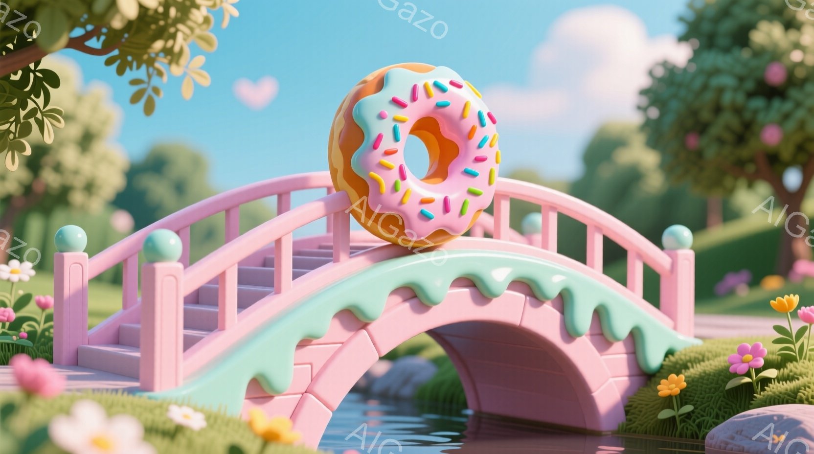 鮮やかなピンク色のアーチ橋が、緑豊かな川の上にかかっています。橋の上には、カラフルなトッピングが施された大きなドーナツが置かれており、周囲には様々な色の花々が咲き乱れています。背景には緑の木々と澄んだ - AI生成フリー素材