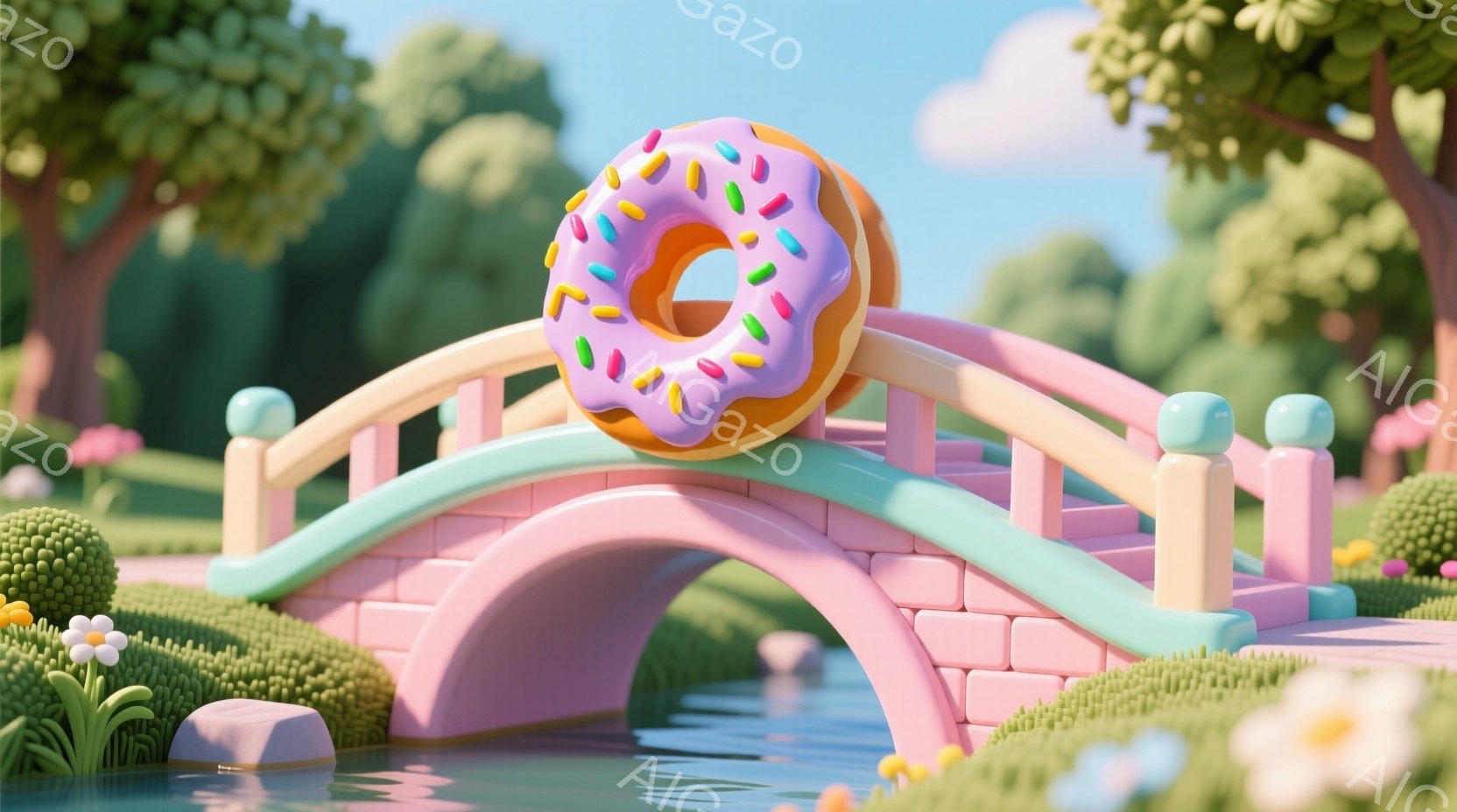 淡いピンク色のアーチ橋が、穏やかな水面に架かっています。橋の上には、カラフルなアイシングとスプリンクルが飾られたドーナツが置かれ、周囲には緑豊かな草地と花々が広がっています。全体的にパステルカラーで彩られ、夢のような、おとぎ話のような雰囲気を醸し出しています。