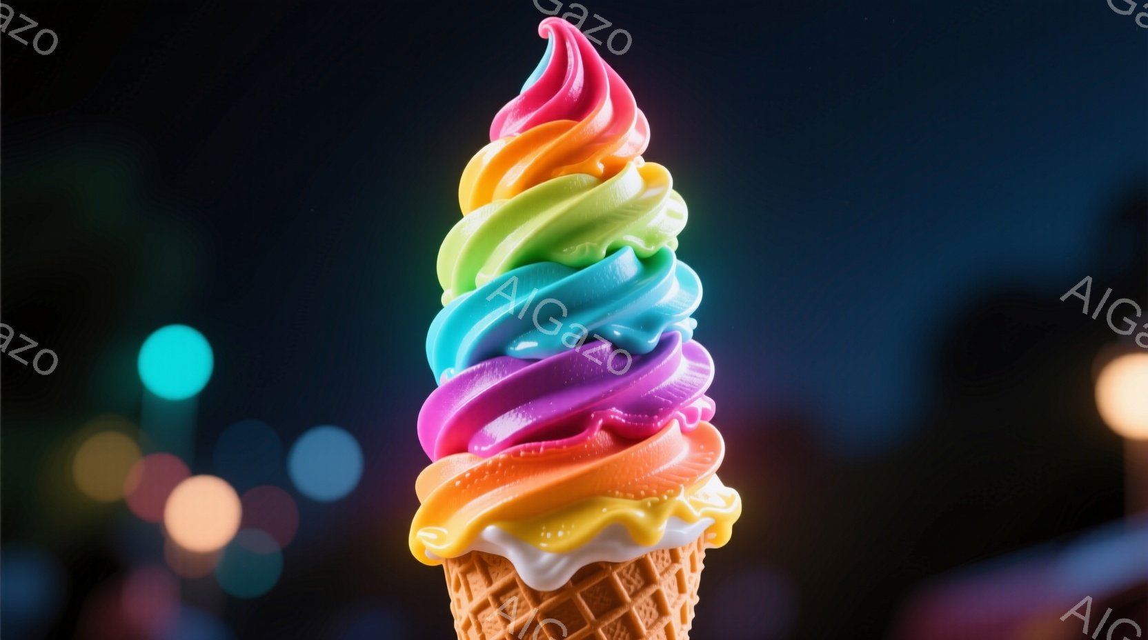 色とりどりのソフトクリームが、ワッフルコーンに乗って写っています。ピンク、オレンジ、黄色、緑、青、紫と、虹のような美しいグラデーションが特徴です。背景にはぼやけた光が点在し、夜の遊園地のような幻想的な雰囲気を醸し出しています。