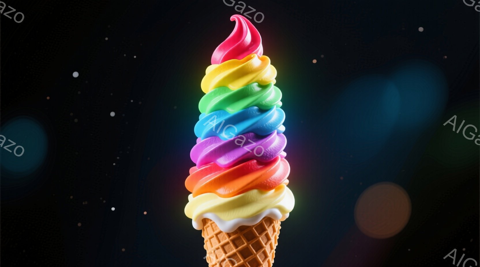 鮮やかな虹色のソフトクリームが、コーンの上に乗っています。ソフトクリームは、赤、オレンジ、黄色、緑、青、紫と、美しいグラデーションを描いています。背景は暗く、ぼやけた光の玉がいくつかあり、ソフトクリームが際立っています。