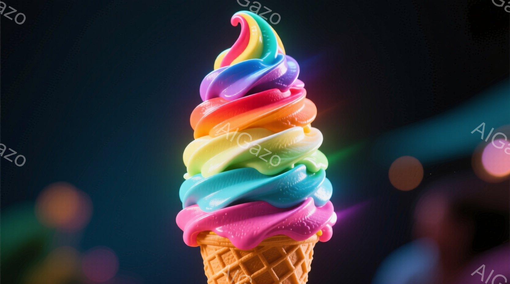 明るいピンク色から始まり、水色、緑、黄色、オレンジ、そして紫へと変化する美しいソフトクリームが、コーンの中で渦巻いている。背景は暗く、ぼやけた光の玉がいくつかあり、ソフトクリームが際立って見える。全体的に鮮やかで、甘くて楽しい雰囲気が漂っている。