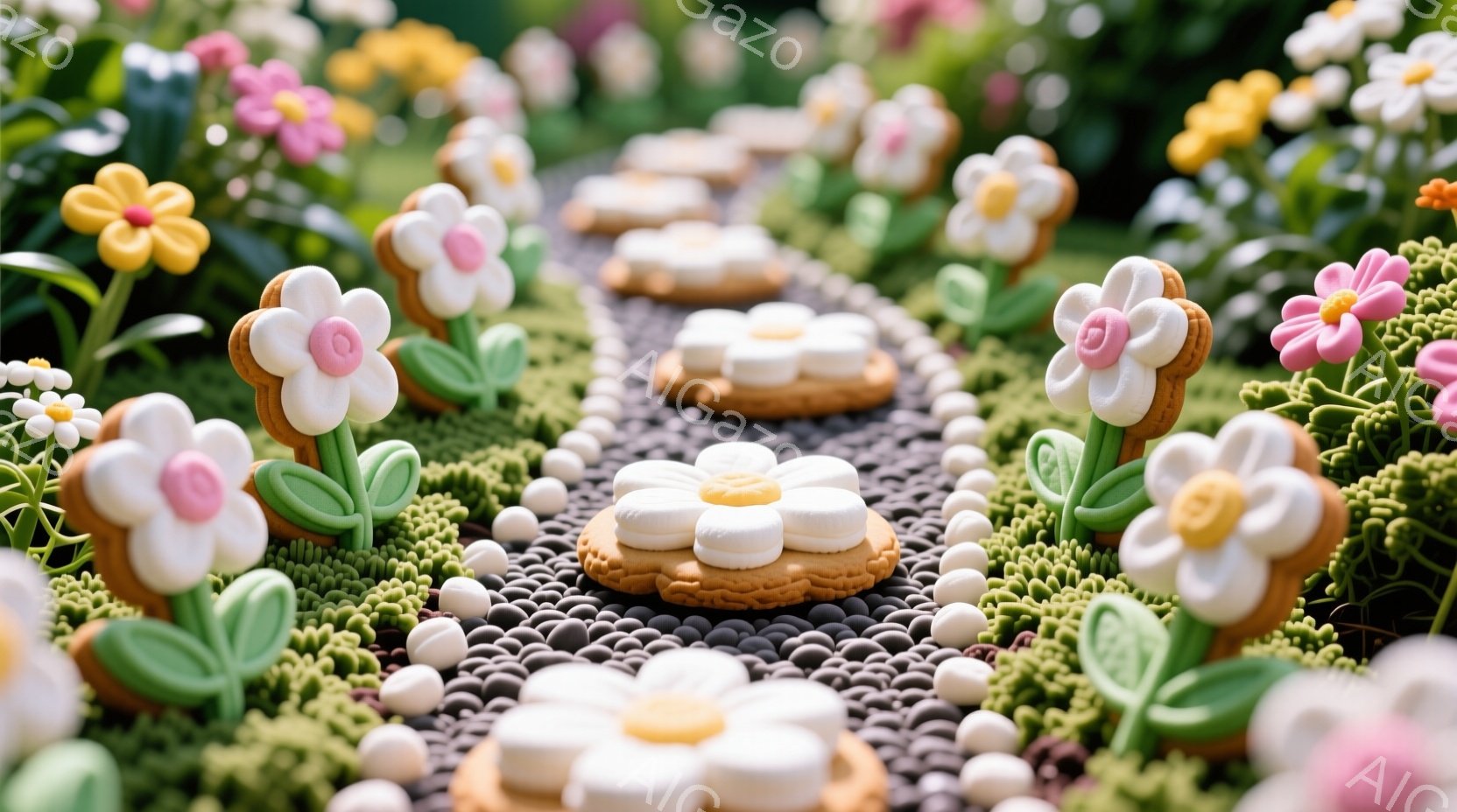 よく知られたアリス・イン・ワンダーランドの世界を再現したカットケーキデコレーションです。道は砂で作られ、虫が駆けているように見えます。周りには、チョコレートの花やハニーを含む側面のガーデンがあります。このスタイルでカットケーキデコレーションが構成されており、その全体としてはワンダーフルーツガーデンを表現しているように見えます。