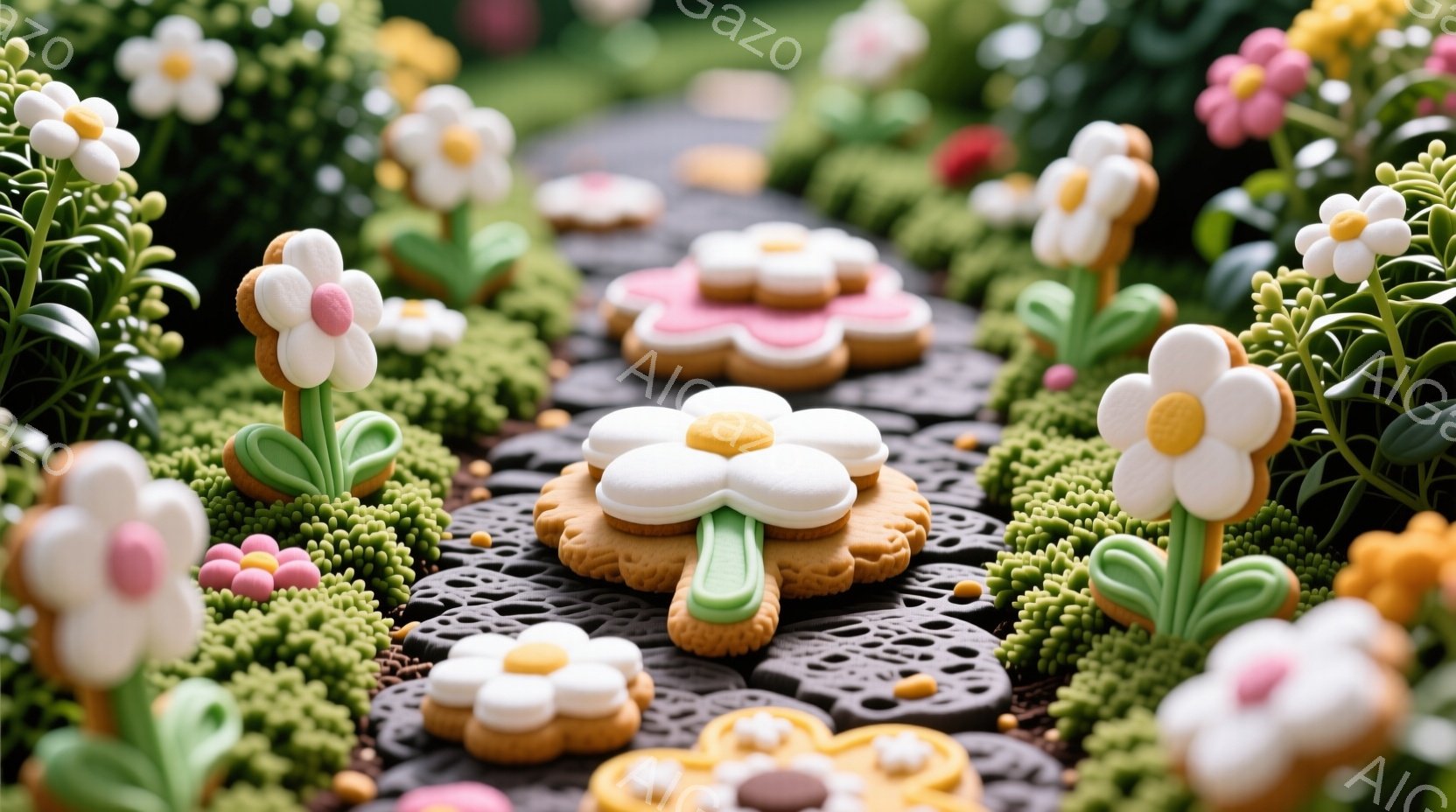 美しいクッキーの花々が緑の苔のような背景に咲き乱れている様子が描かれています。黒い装飾模様の敷石が敷かれた道に、ピンクや白、オレンジ色の花びらを持つクッキーが並び、可愛らしい雰囲気を醸し出しています。 - AI生成フリー素材