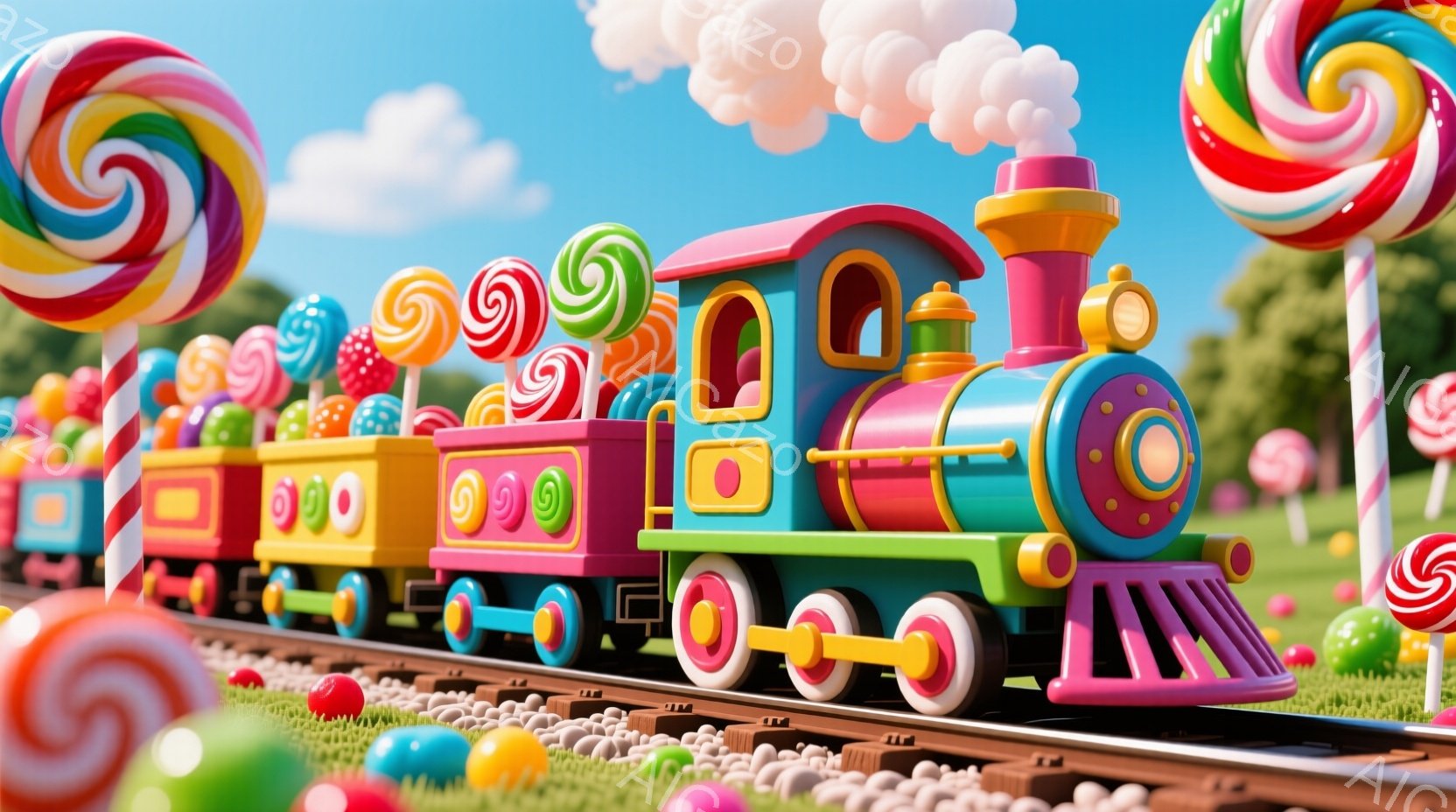 カラフルなキャンディで飾られた列車が線路を走っています。蒸気機関車はピンク、緑、オレンジ、紫色のカラフルな車体で、線路の周りには巨大なキャンディが立っています。背景には緑の芝生と青い空が広がり、お祭り - AI生成フリー素材