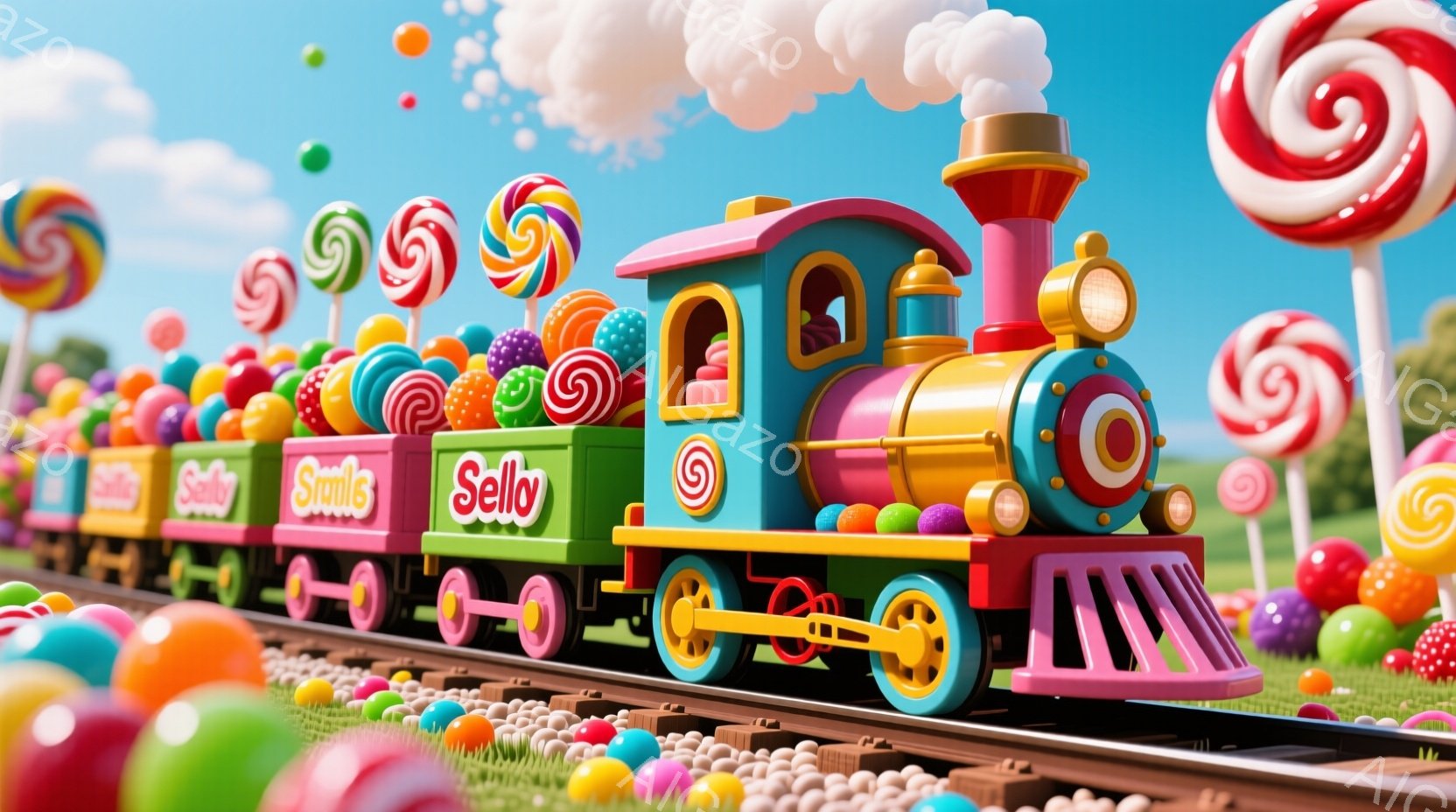 カラフルなキャンディで装飾された列車が線路を走っています。機関車はピンクとオレンジで、各車両はさまざまな色でペイントされ、キャンディでいっぱいです。背景には緑の牧草地と巨大なキャンディがあり、明るく楽しい雰囲気を醸し出しています。