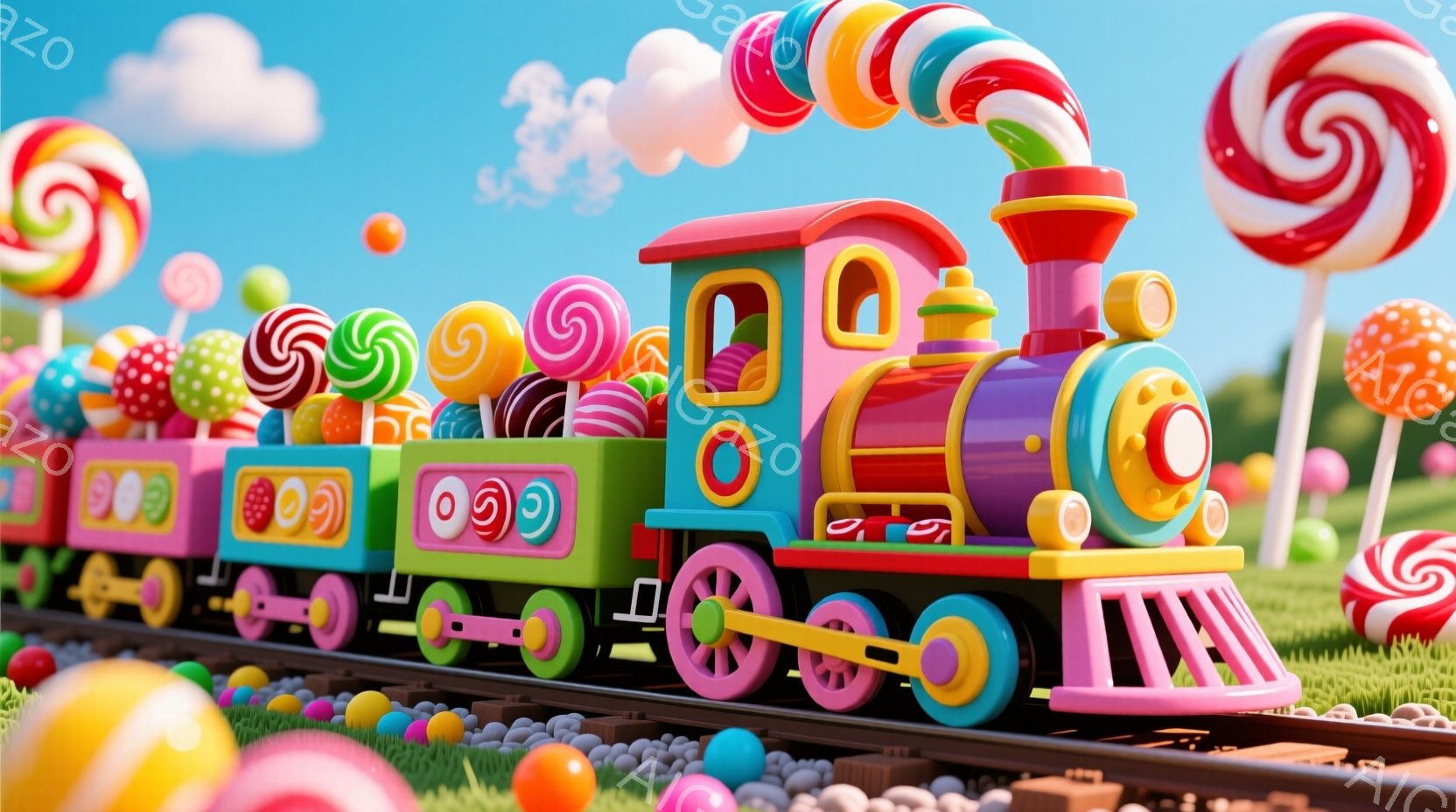 カラフルなキャンディで装飾された列車が、緑の草原の中を走っている様子が描かれています。列車はピンク、紫、緑などの鮮やかな色で構成され、車体にはキャンディが積み重ねられています。背景には、空には雲が浮か - AI生成フリー素材