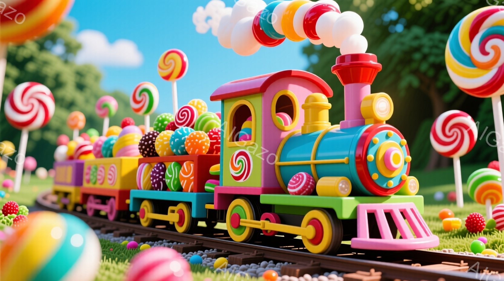 カラフルなキャンディーでできた列車が、緑の芝生の上を走っています。列車は、ピンク、水色、緑、黄色などの鮮やかな色で装飾されており、キャンディーやグミが積み込まれています。背景には巨大なキャンディーが立ち並び、お祭りや夢のような雰囲気を作り出しています。