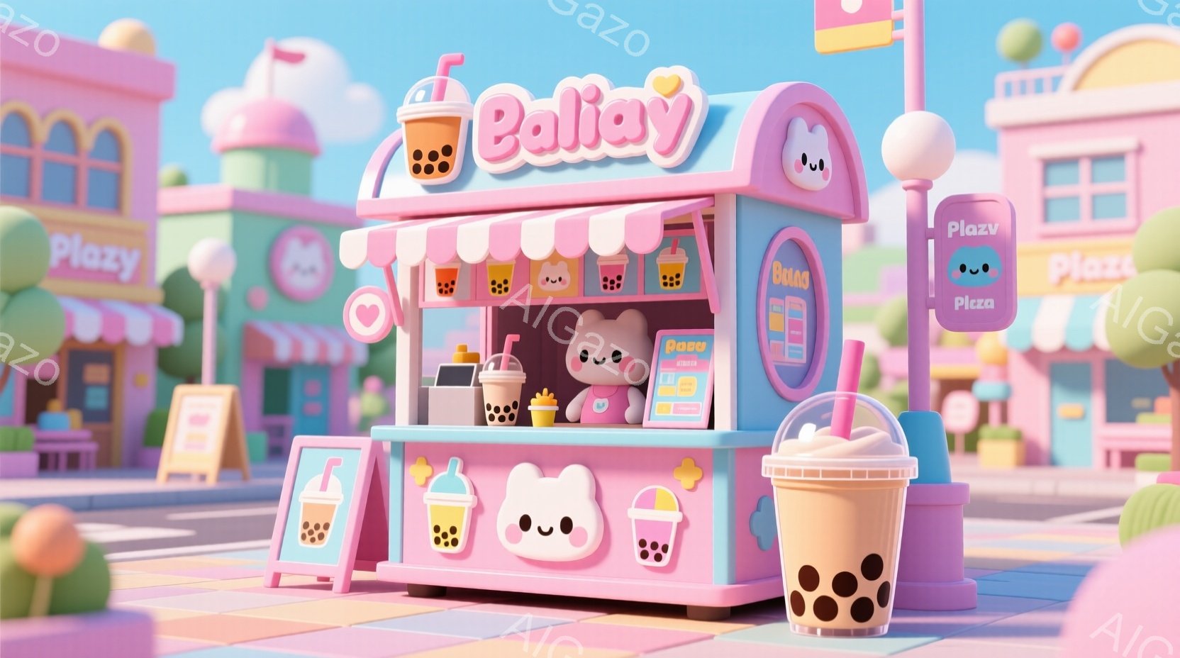 パステルカラーで構成された可愛らしい風景で、ピンク色のバブルティーの屋台が中央に位置しています。屋台には可愛らしいクマのキャラクターが描かれ、メニューには様々なバブルティーの飲み物が並んでいます。背景にはパステルカラーの建物や木々が見られ、全体的に穏やかで夢のような雰囲気を醸し出しています。