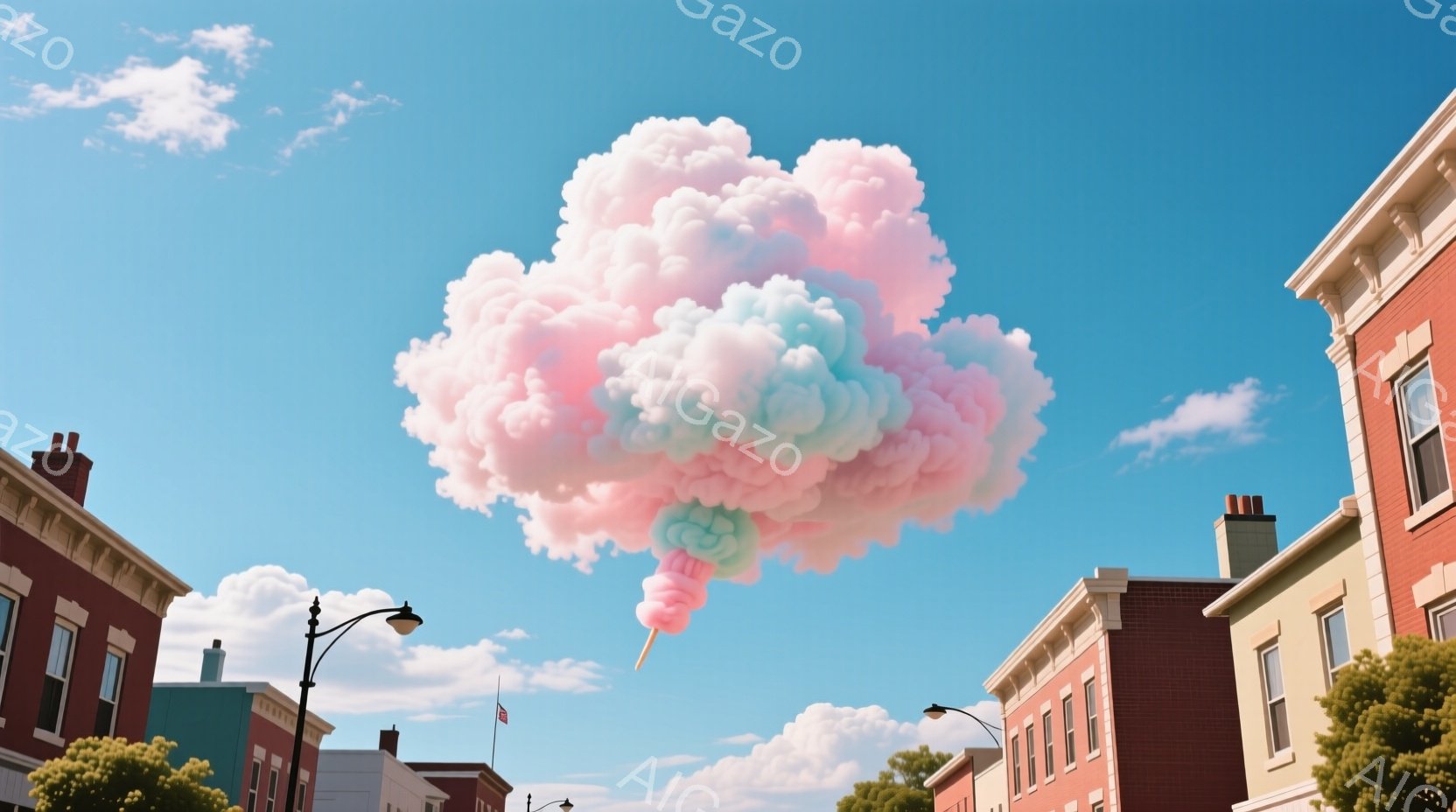 鮮やかな青空を背景に、ピンクと水色の綿菓子のような雲が大きく広がっている。下には、赤や黄色の可愛らしい建物が並び、街並みが広がる。全体的に明るく、夢のような、遊び心のある雰囲気が漂っている。 - AI生成フリー素材