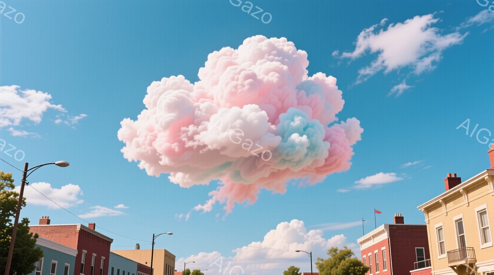 画像の中心は色彩豊かな雲で、その上方に白い建物が見えます。青空には電柱や煙突もあります。人物は目立たず、単純に通行中と思われます。雰囲気は明るく、陽気な日です。