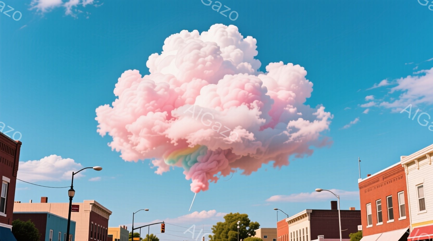 青空の下、街並みの真上に巨大な虹色の雲が広がっている。雲はピンクや紫、緑など様々な色合いが混ざり合い、まるで綿菓子のようにふわふわとした質感をしている。街は古いレンガ造りの建物が多く、穏やかでどこか懐かしい雰囲気を漂わせている。