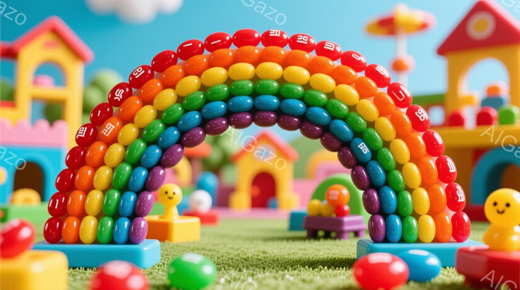 カラフルなM&M’sのアーチが、緑の芝生の上に架かっています。背景には、カラフルなブロックで作られた家や遊具があり、まるで子供向けの遊園地のような光景です。全体的に明るく、陽気な雰囲気で、お祝いや楽し - AI生成フリー素材
