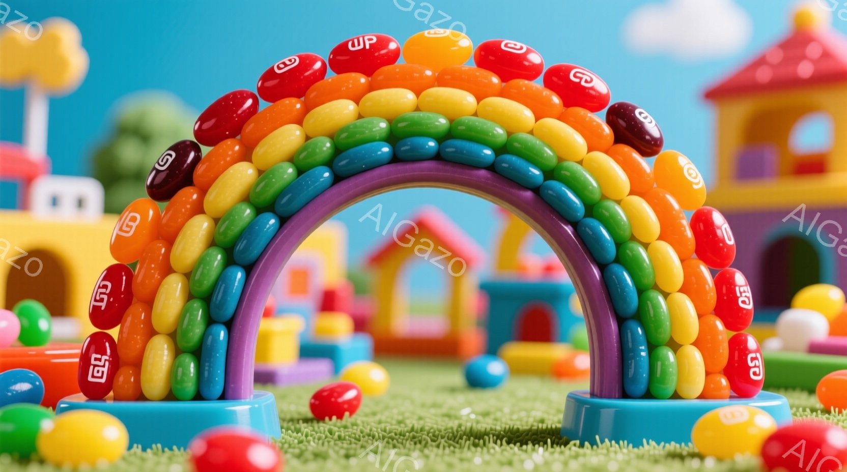 カラフルなM&M’sのアーチが緑の芝生の上に立っており、背景にはおもちゃのような可愛らしい家々が並んでいます。空は明るい青色で、ふわふわとした白い雲が浮かび、全体的に遊び心に満ちた、夢のような雰囲気を醸し出しています。M&M’sは虹色に並べられており、まるで別世界への入り口のようです。