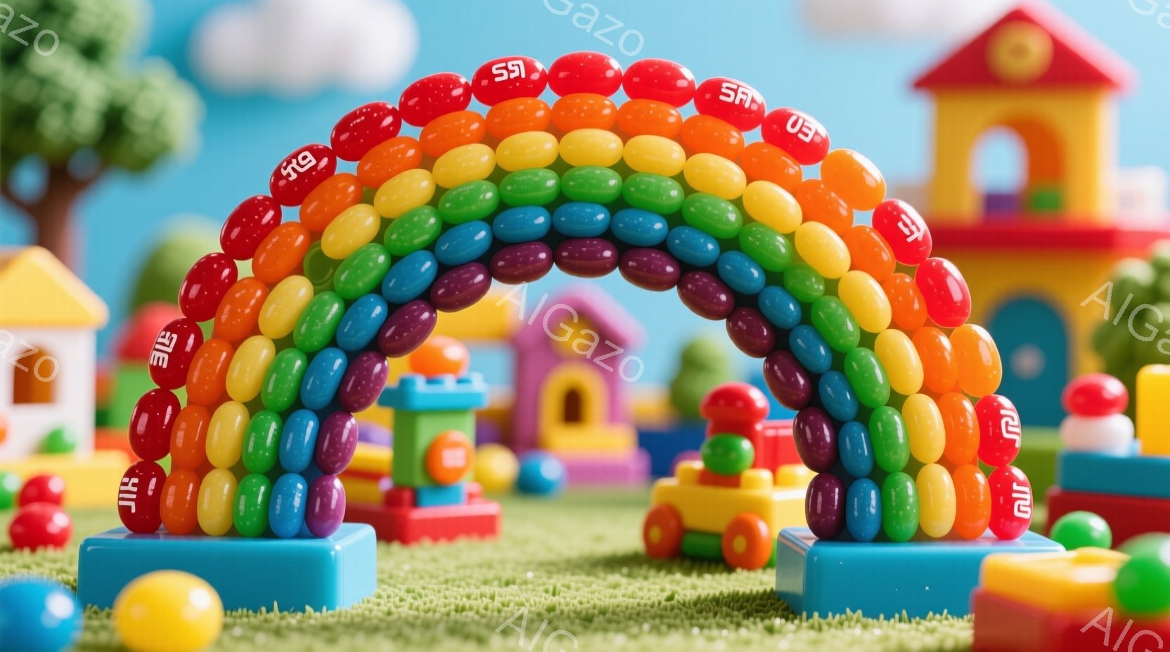 カラフルなキャンディーで作られたアーチが、おもちゃのような街並みの中心に立っている。背景には、明るい色で塗られたプラスチック製の家々や車、そして緑の芝生と木々が見え、まるで子供たちの遊び場のような雰囲 - AI生成フリー素材