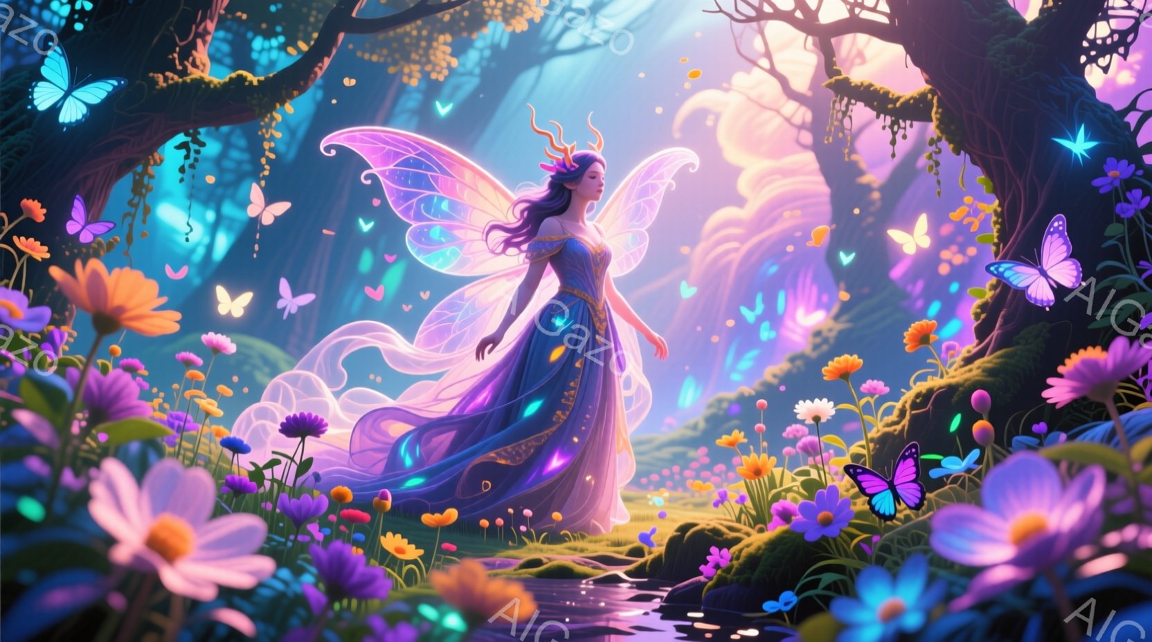 美しい女性が、鮮やかな花々が咲き乱れる森の中で立っている。彼女は紫と青のグラデーションのドレスを身につけ、長く波打つ髪は肩から流れ落ちている。背景には光が差し込み、幻想的で穏やかな雰囲気を醸し出している。