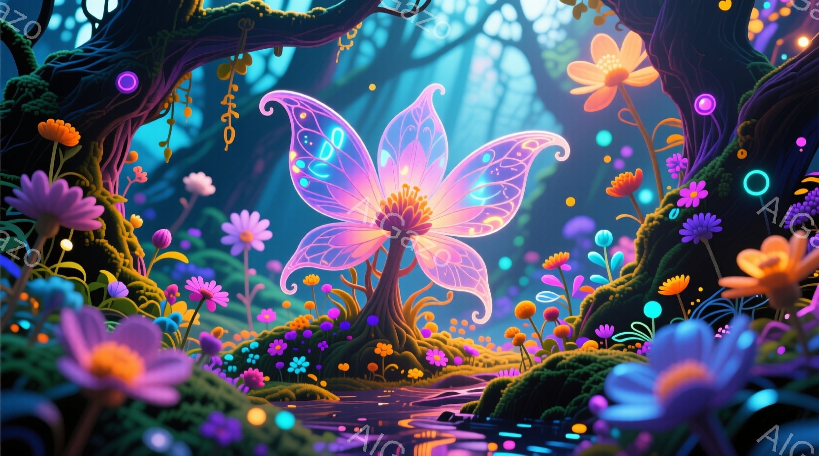 明るい紫とピンク色の光を放つ巨大な花が、緑豊かな森の中心に咲き誇っています。周りには様々な色とりどりの花々やキノコが生い茂り、まるで幻想的な妖精の世界のようです。背景には、絡み合った木の根や枝が影を作り出し、神秘的な雰囲気を醸し出しています。