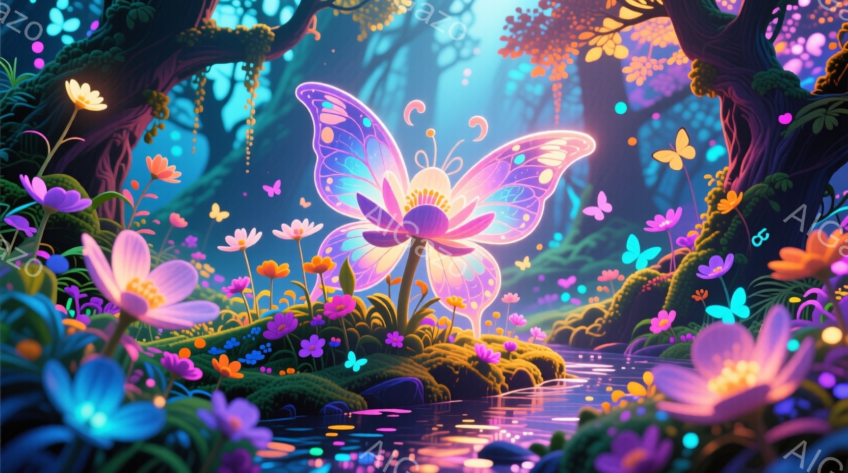 鮮やかな光を放つ蓮の花の中心に、蝶の羽を持つ妖精のような存在が咲き誇っている。周囲には様々な色の花々が咲き乱れ、緑豊かな草地と水面が妖精の光を反射して幻想的な雰囲気を醸し出している。背景には暗い森が広がり、光と影のコントラストが神秘的な空間を作り出している。