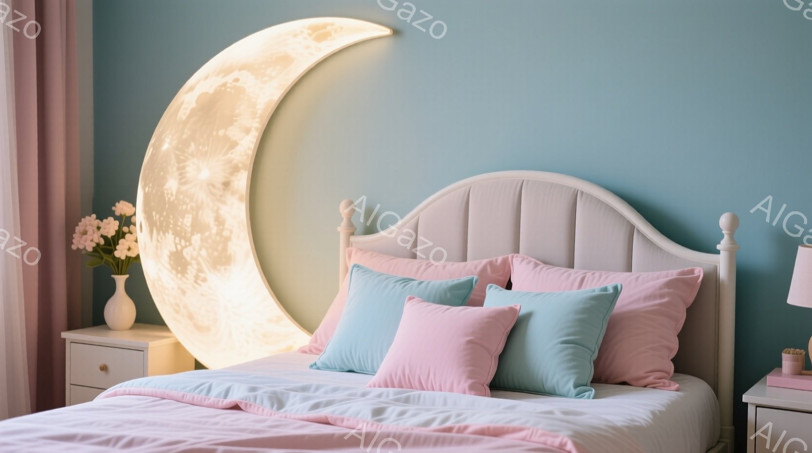 柔らかいピンクと水色の枕が置かれた白いベッドルームで、背景はパステルブルーの壁です。ベッドの頭の上には、明るく光る大きな月の形のライトが飾られており、右側には白いチェストと花瓶が置かれています。全体的に穏やかで夢のような雰囲気が漂う、安らぎの空間です。