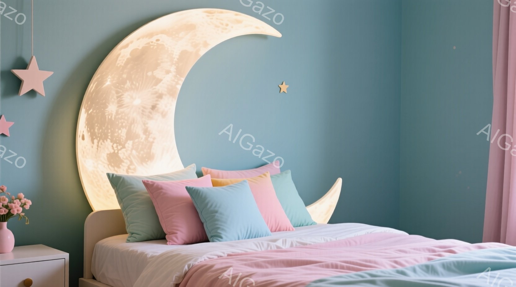 明るい水色の壁を背景に、クリーム色のベッドヘッドボードとして大きな満月が飾られています。ベッドには、水色、ピンク、クリーム色の枕が置かれ、ピンク色のベッドシーツが敷かれています。全体的に、柔らかく、夢 - AI生成フリー素材