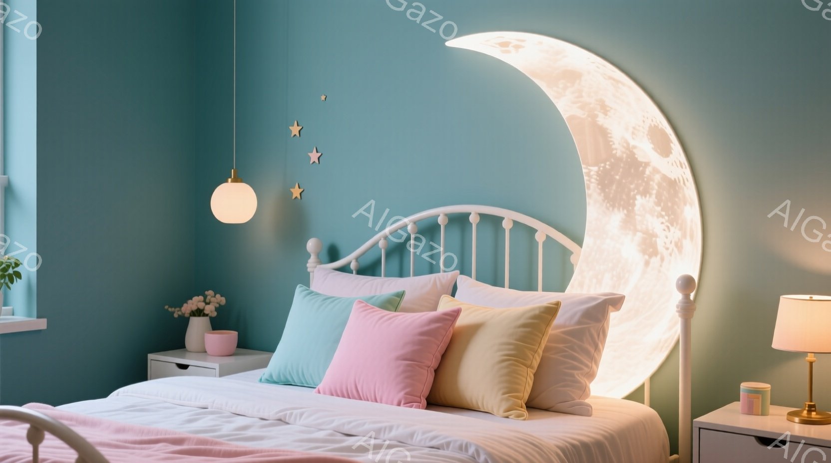 明るいターコイズブルーの壁を背景に、白いベッドが配置された寝室です。ベッドには、パステルカラーのクッションが散りばめられ、壁には大きな月の装飾が掛けてあります。全体的に柔らかく、温かく、夢のような雰囲 - AI生成フリー素材