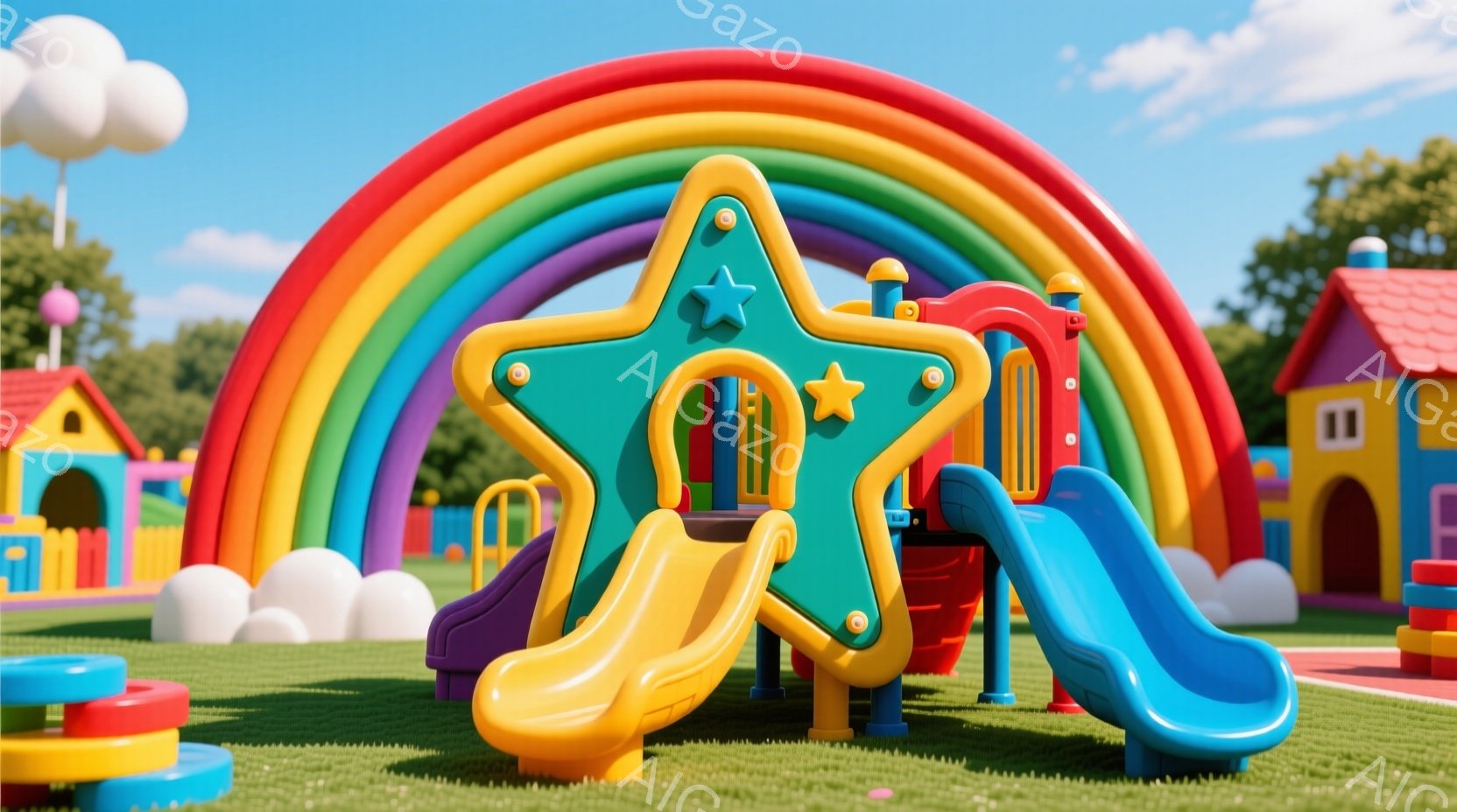 カラフルな遊具が青々とした芝生の上に設置された公園の風景です。虹色のアーチ状の遊具を中心に、黄色、青、緑などの鮮やかな色使いが印象的です。背景には、可愛らしいデザインの家々や、雲のある晴天が広がってお - AI生成フリー素材