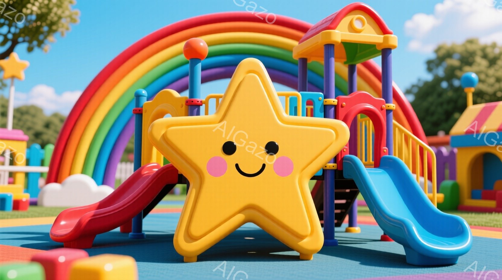 カラフルな遊具が並んだ遊園地の様子が描かれています。大きな星形の滑り台を中心に、赤と青の滑り台が伸び、周囲には雲のような形をした遊具や、屋根付きの遊び場が見えます。背景には緑の芝生と木々が広がり、晴天 - AI生成フリー素材