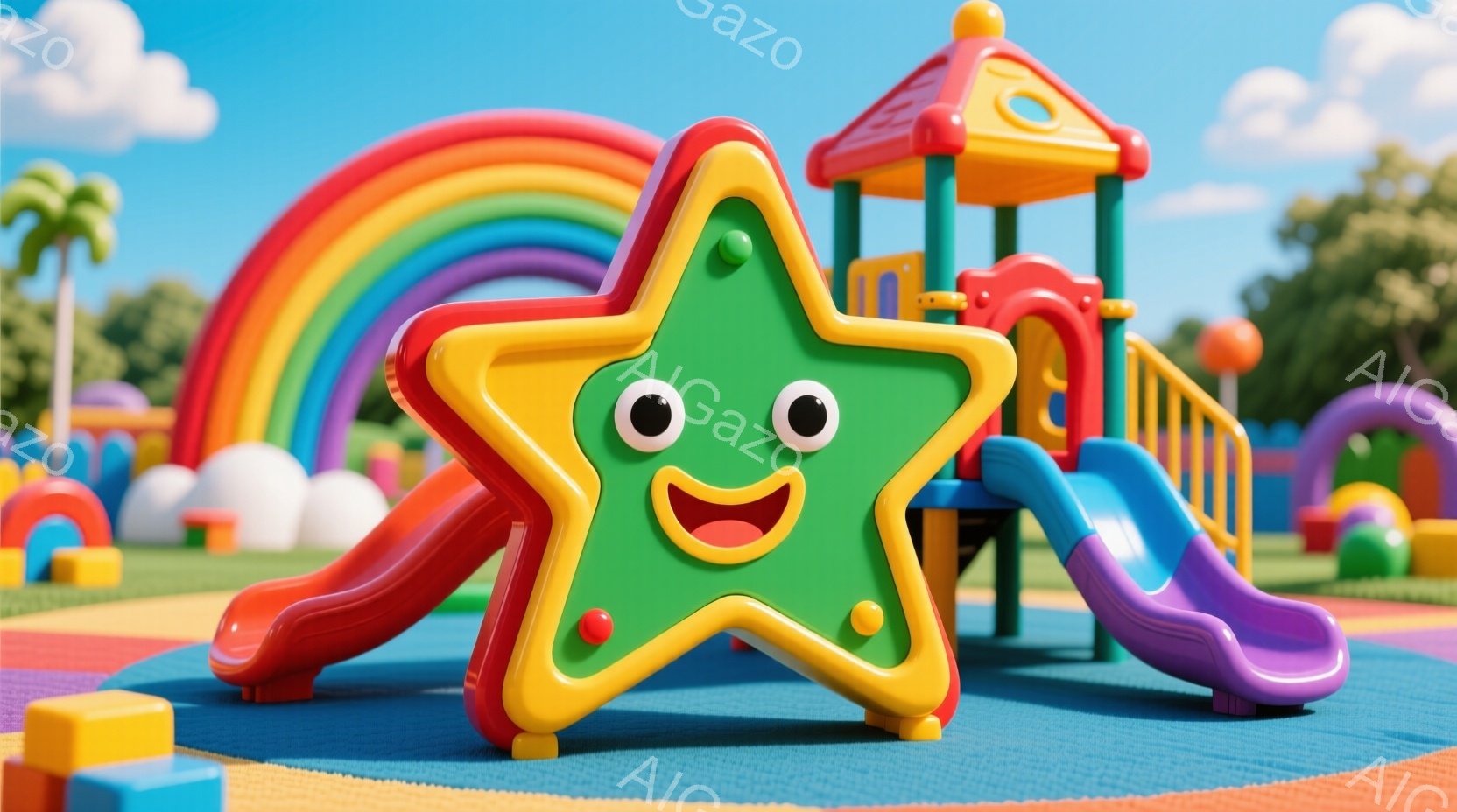 カラフルな遊具が広がる遊園地の様子が描かれています。緑色の星形の遊具には笑顔が描かれ、赤いスベり台と青いスベり台が接続されています。背景には虹がかかり、ブロックや遊具が散りばめられた鮮やかな遊園地が広 - AI生成フリー素材