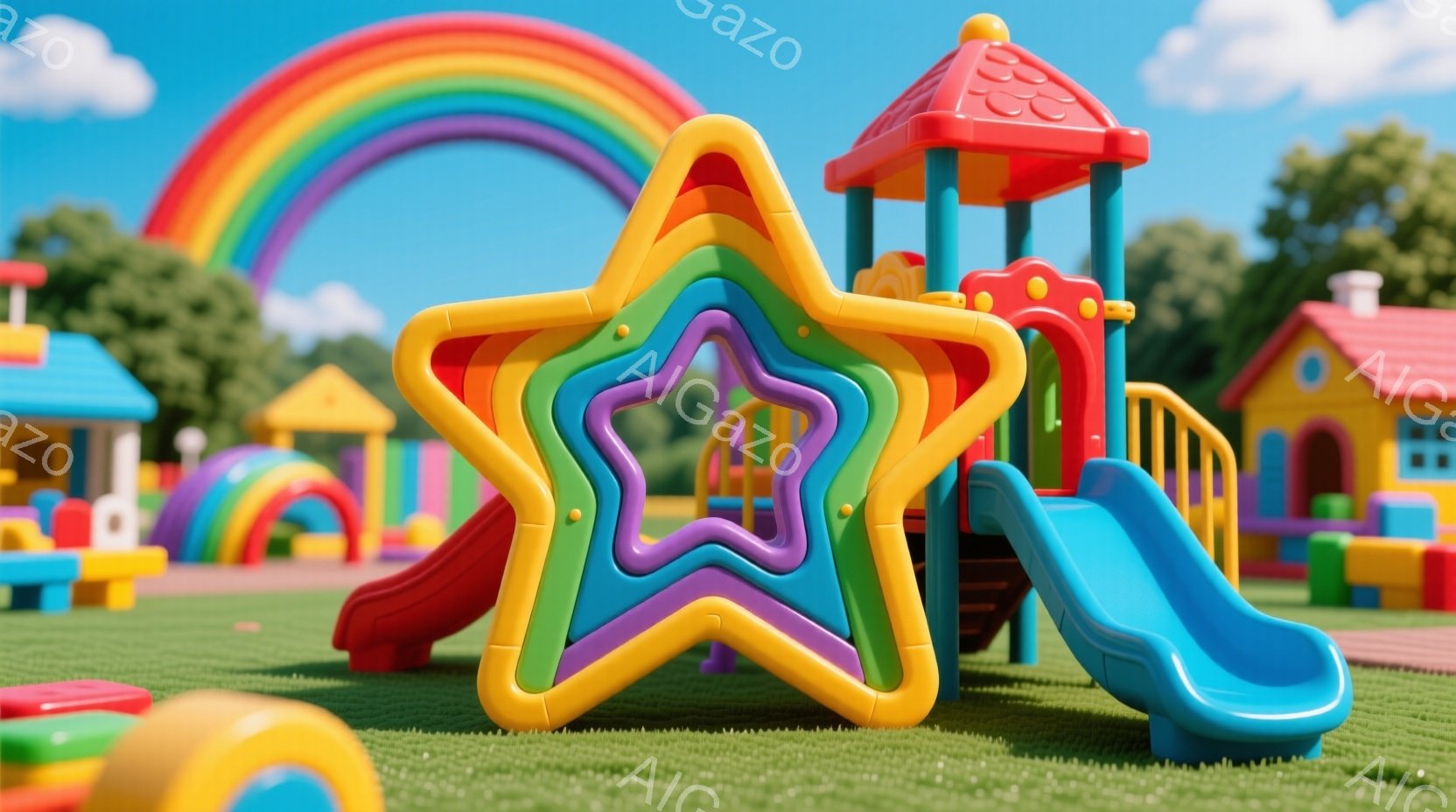 色鮮やかな遊具が広がる公園の風景です。遊具は赤、青、緑、紫、オレンジなどの明るい色で構成され、特に中央には星形の遊具が積み重なって配置されています。背景には虹が架かり、緑の芝生とカラフルな小さな家々が - AI生成フリー素材