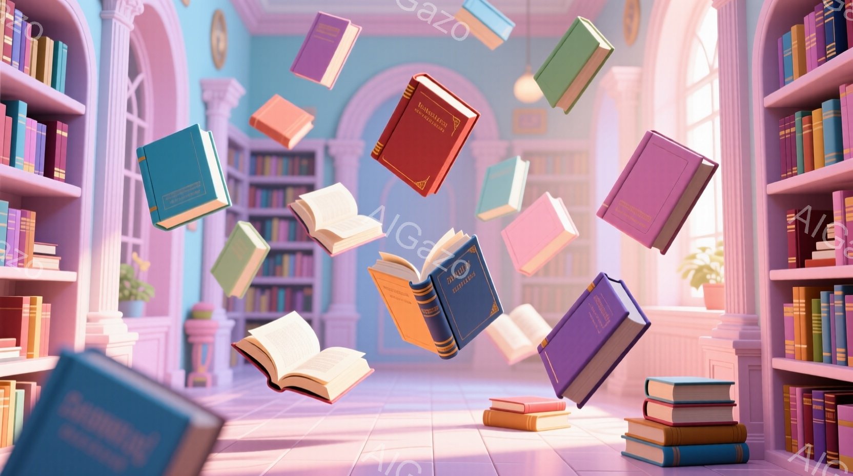 本が宙に舞い、カラフルな装丁が目に飛び込んできます。背景は壁一面の本棚が並んだ図書館で、柔らかいピンク色を基調としたファンタジーのような空間です。全体的に明るく、遊び心のある、少し夢のような雰囲気が漂 - AI生成フリー素材