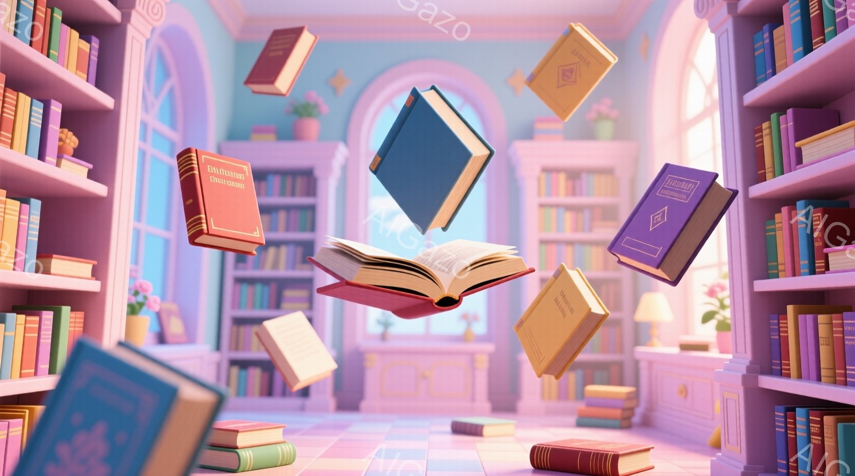 部屋は本棚で埋め尽くされ、様々な色の本が宙に舞い、床に散らばっている。明るいパステルカラーで統一されており、優雅で幻想的な雰囲気を醸し出している。全体的に柔らかい光が差し込み、読書好きにとって理想的な空間を表現している。