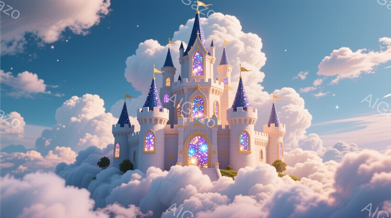 雲の上にそびえ立つ、白と紫の壮麗な城が印象的な画像です。城は尖塔とステンドグラスの窓で飾られ、内部からは光が漏れ出て幻想的な雰囲気を醸し出しています。周囲はふわふわとした雲に包まれ、まるで天国のような - AI生成フリー素材