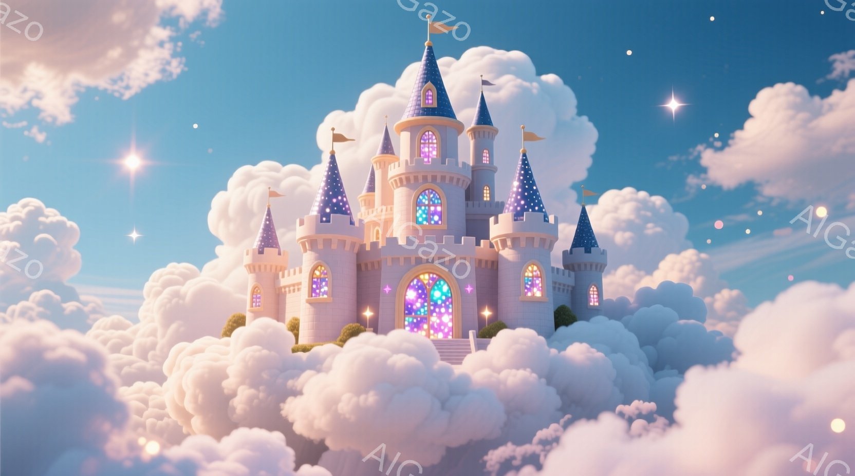 雲の上に建つ、夢のようなお城が描かれています。鮮やかなピンクと紫の光が窓から漏れ出し、白と水色の雲がふわふわと城を囲んでいます。全体的に幻想的で、希望に満ちた温かい雰囲気が漂っています。 - AI生成フリー素材