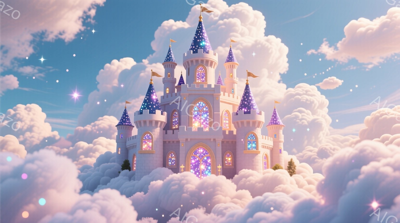 魔法の城が雲上で空飛ぶような不思議な景色を描くファンタジーアート作品で、中央に大きな城が突出している。城は純白の石で建造されており、塔や窓があり、魔法のように美しく描かれています。雲霧が城の周囲を覆っており、色彩豊かな天空とともに、夜空での感情が表現されているように感じられます。特定の人物や動作は明確には表現されておらず、全体の雰囲気は夢見るような不思議で癒しのものとなっています。