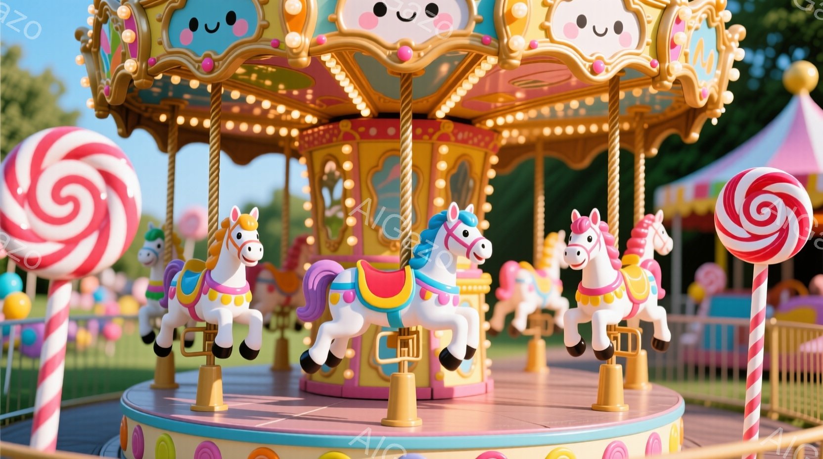 回転木馬が写っており、白馬が可愛らしいピンクと水色の鞍を背負っています。背景にはピンクと白のストライプ模様の柱やキャンディ、そして緑豊かな木々が見え、遊園地の楽しい雰囲気を醸し出しています。全体的に明 - AI生成フリー素材