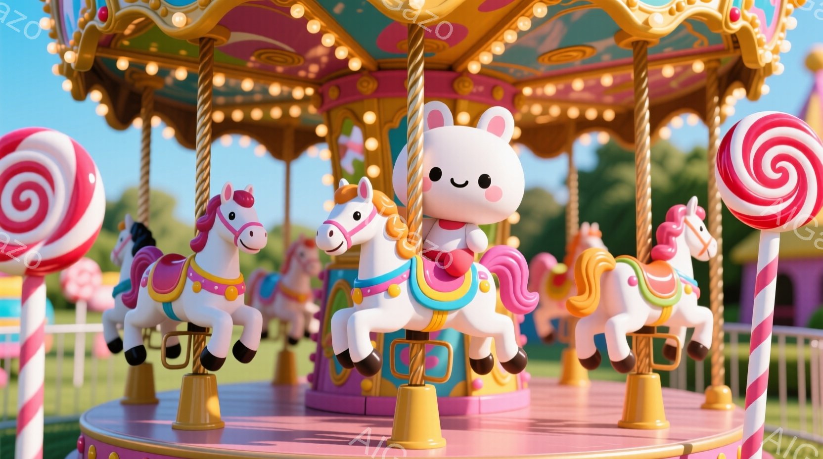 回転木馬が鮮やかなピンクと白の馬で構成されており、それぞれが装飾された鞍を乗せています。背景には緑豊かな芝生、白い柵、そして一部見えるパステルカラーの建物が見え、晴れた日の遊園地のような雰囲気です。全体的に、カラフルで夢のような、楽しくて遊び心のある空間が表現されています。