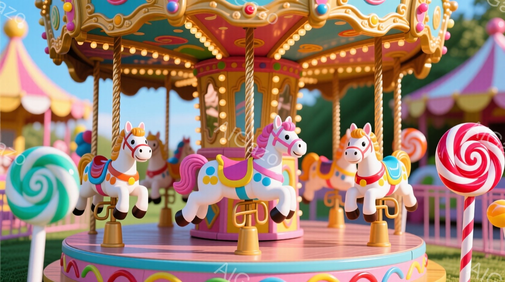 鮮やかなメリーゴーランドが写っており、白い馬が中心に配置されています。背景にはピンクと水色のストライプのテントや、巨大なキャンディが立っており、お祭りや遊園地の楽しい雰囲気が伝わってきます。全体的に明 - AI生成フリー素材