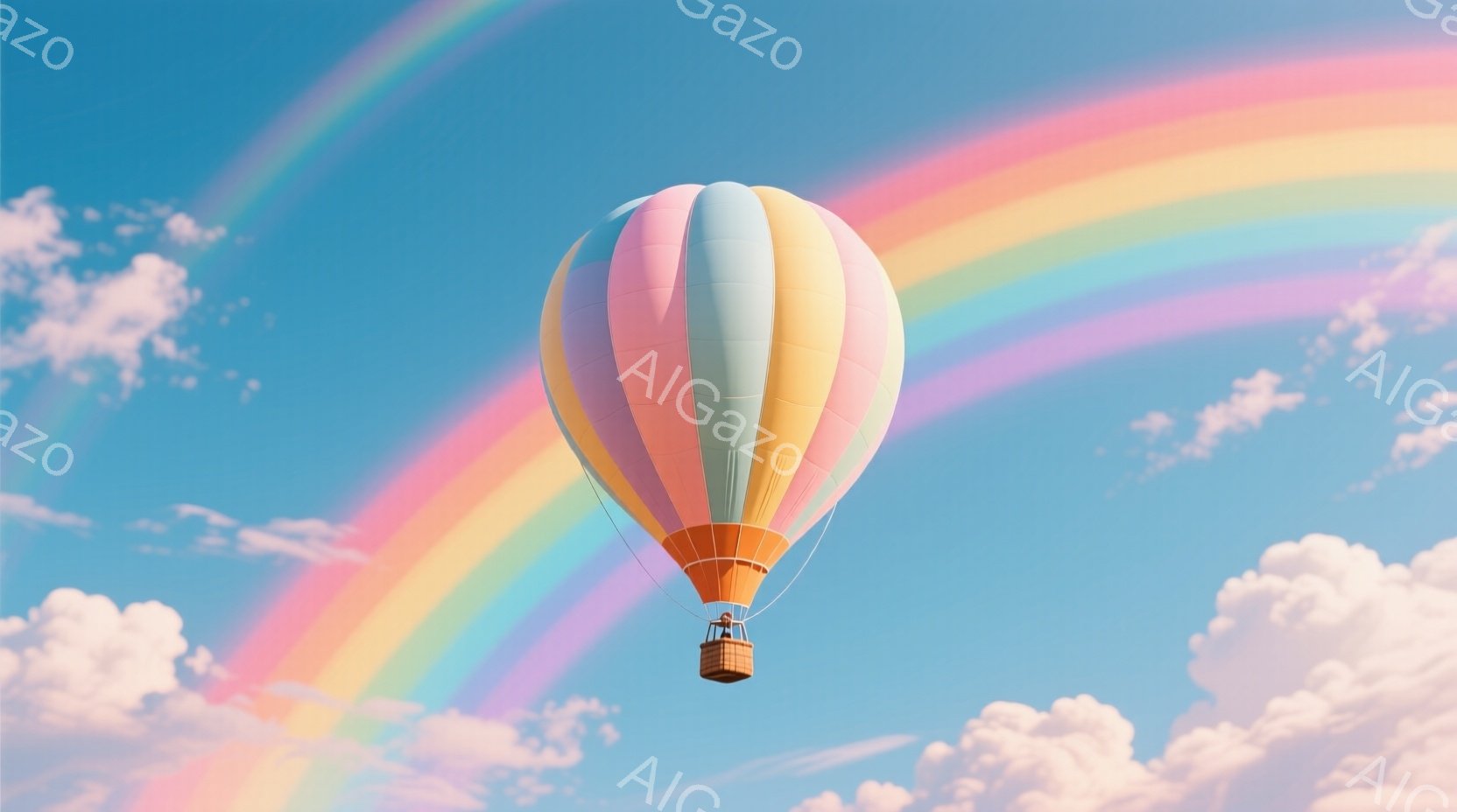 空には鮮やかな虹がかかり、パステルカラーの大きな熱気球が浮かんでいる。熱気球の下には、小さな籠があり、人物らしき影が見えるが、詳細は不明である。背景には、ふんわりとした白い雲が広がり、夢のような穏やか - AI生成フリー素材